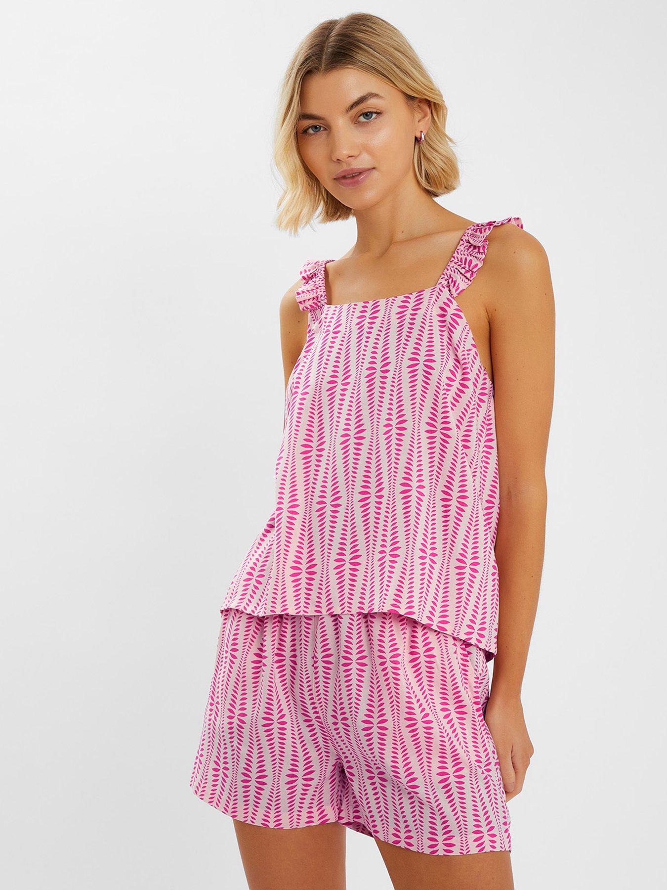 Image of Accessorize Ikat Frill Shoulder Pyjama Set- Pink