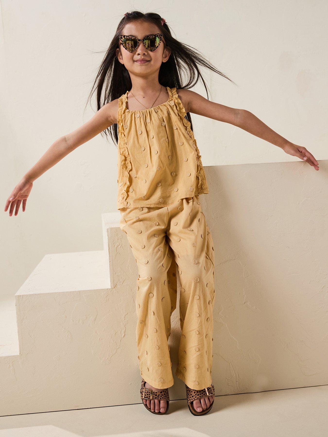 Image 1 of 6 of Mango Girls Embroidered Co-Ord Trousers - Yellow