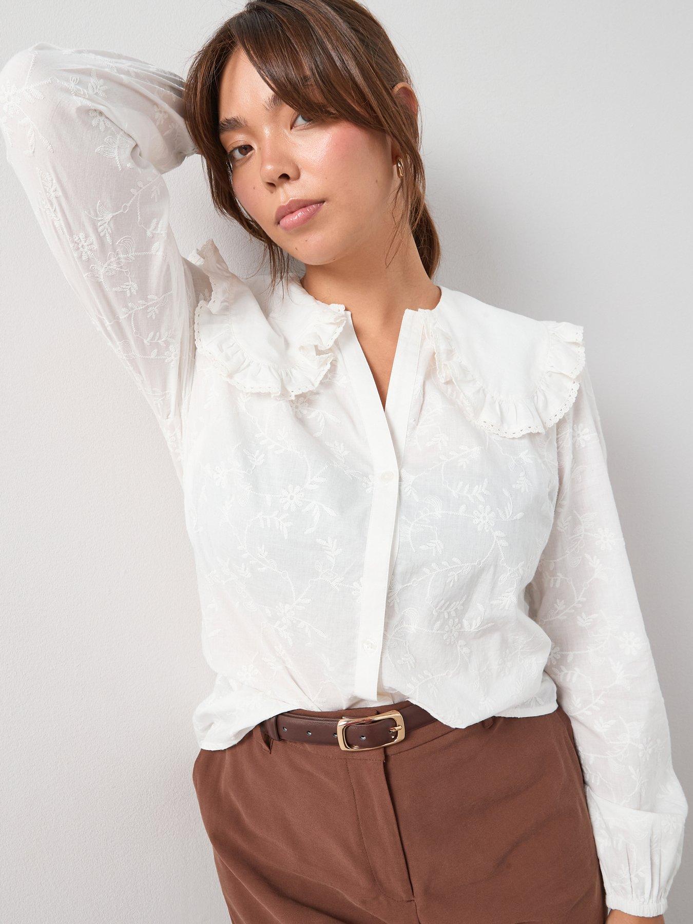 V by Very Curve Collar Detail Embroidered Shirt - White