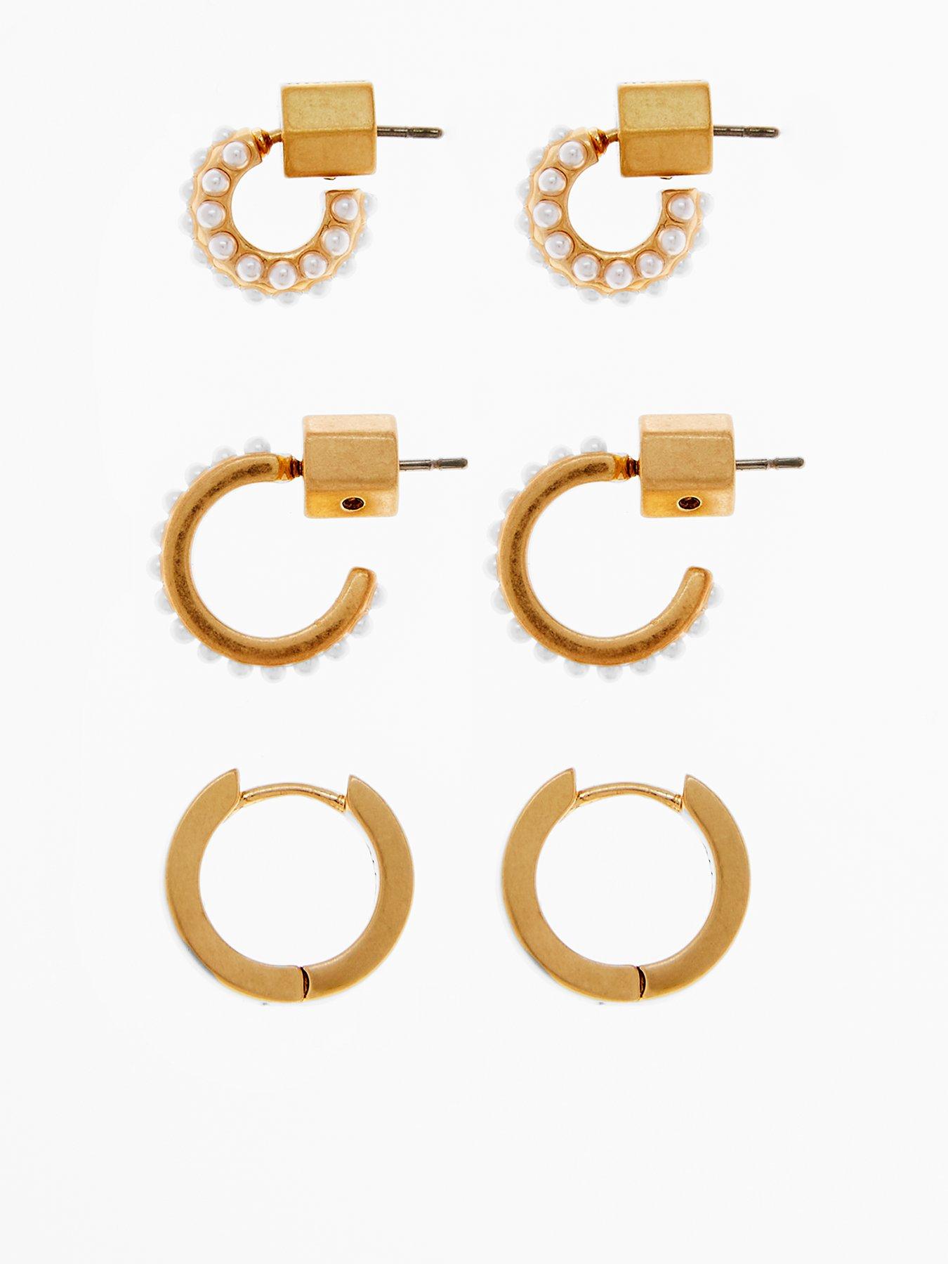 Image of AllSaints Pearl Trio Huggie Earrings Set - Gold