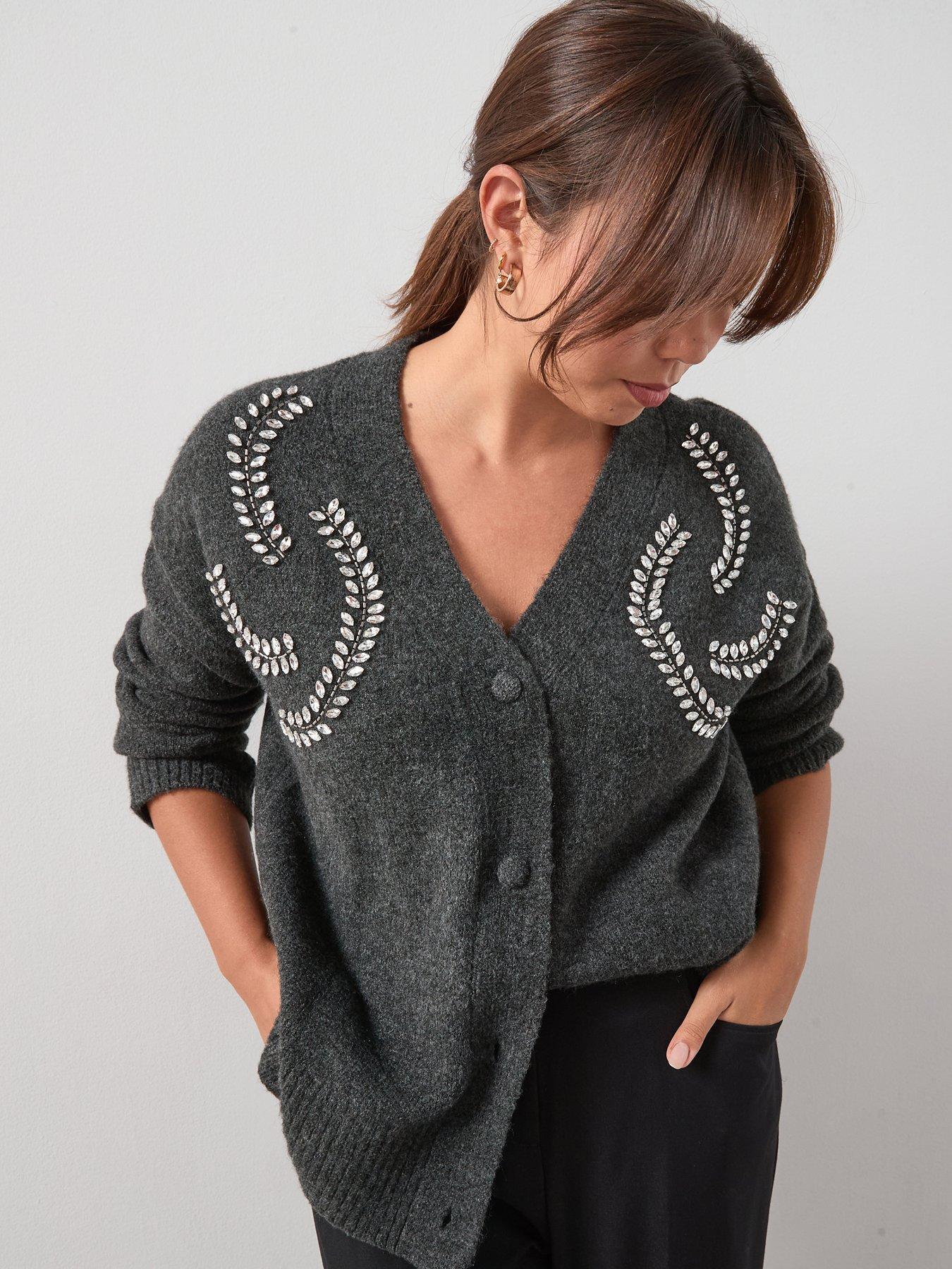 The Very Collection Curve Embellished V Neck Cardigan - Black