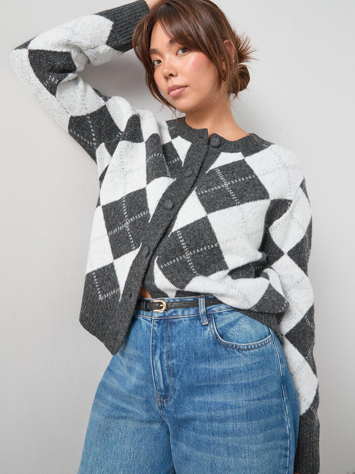 V by Very Curve Argyle Button Through Crew Neck Cardigan - Grey