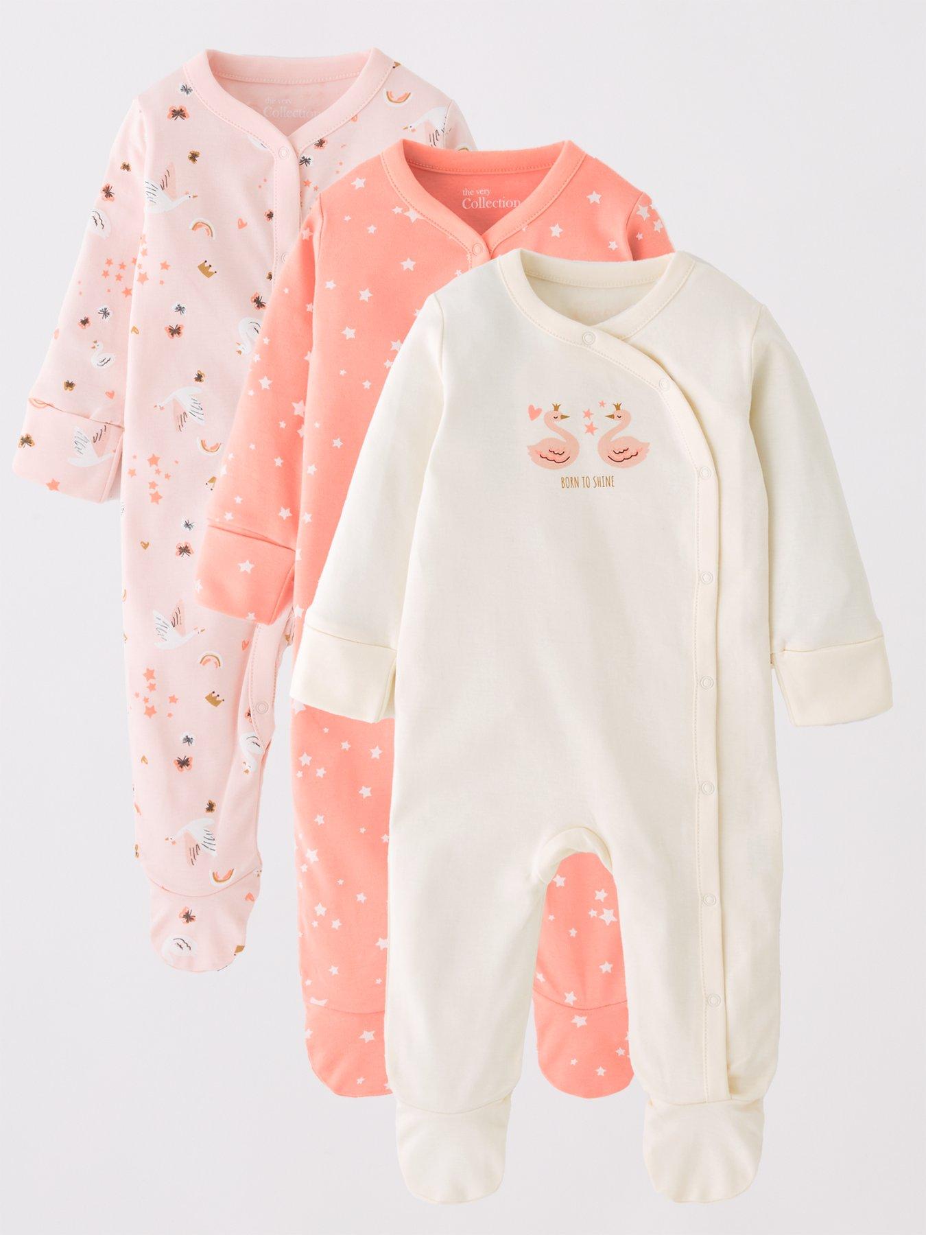 The Very Collection Baby Girls 3 Pack Swan Princess Sleepsuits - Pink