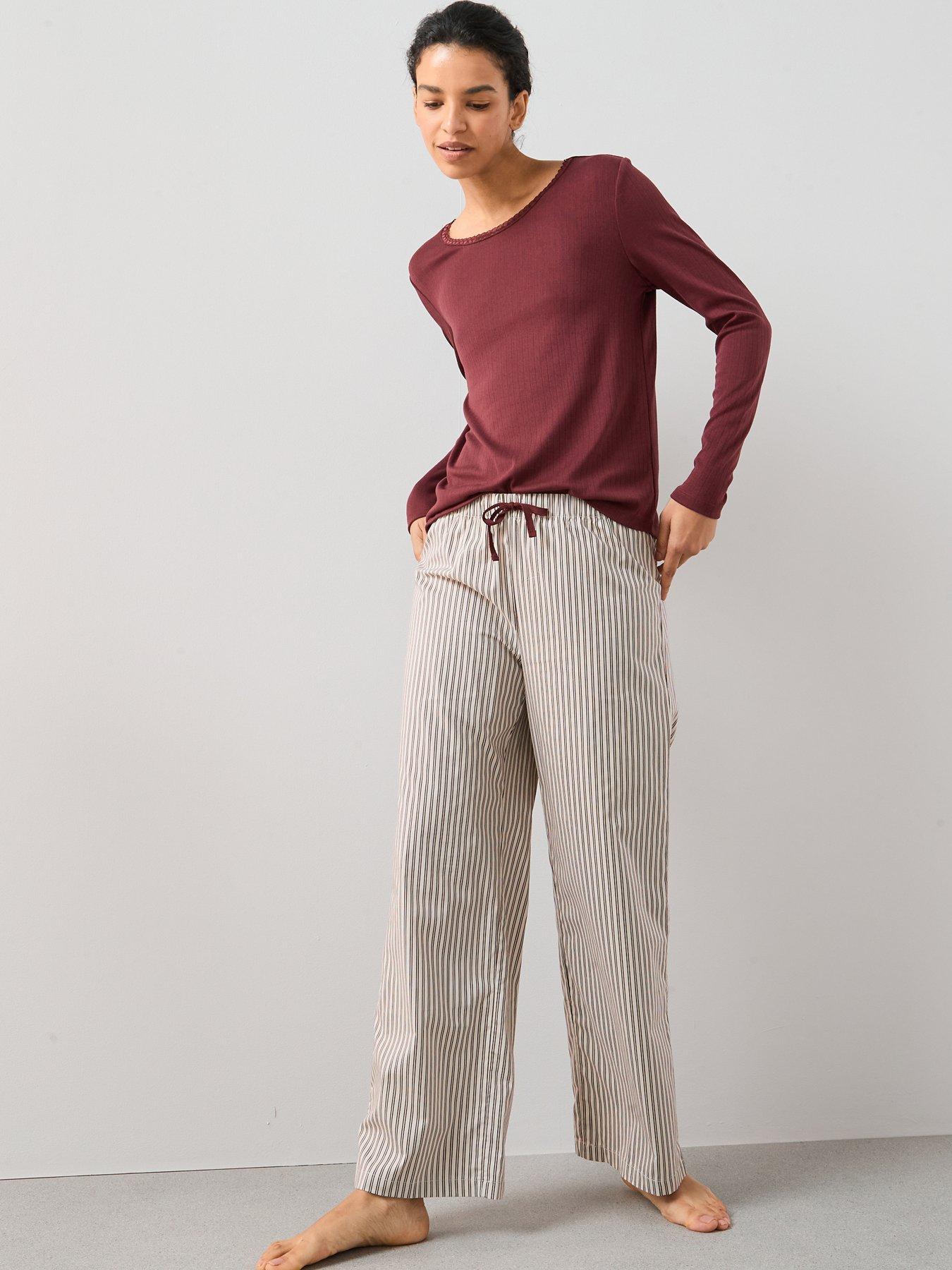 The Very Collection Pointelle Henley With Stripe Woven Wide Leg Pj Set - White