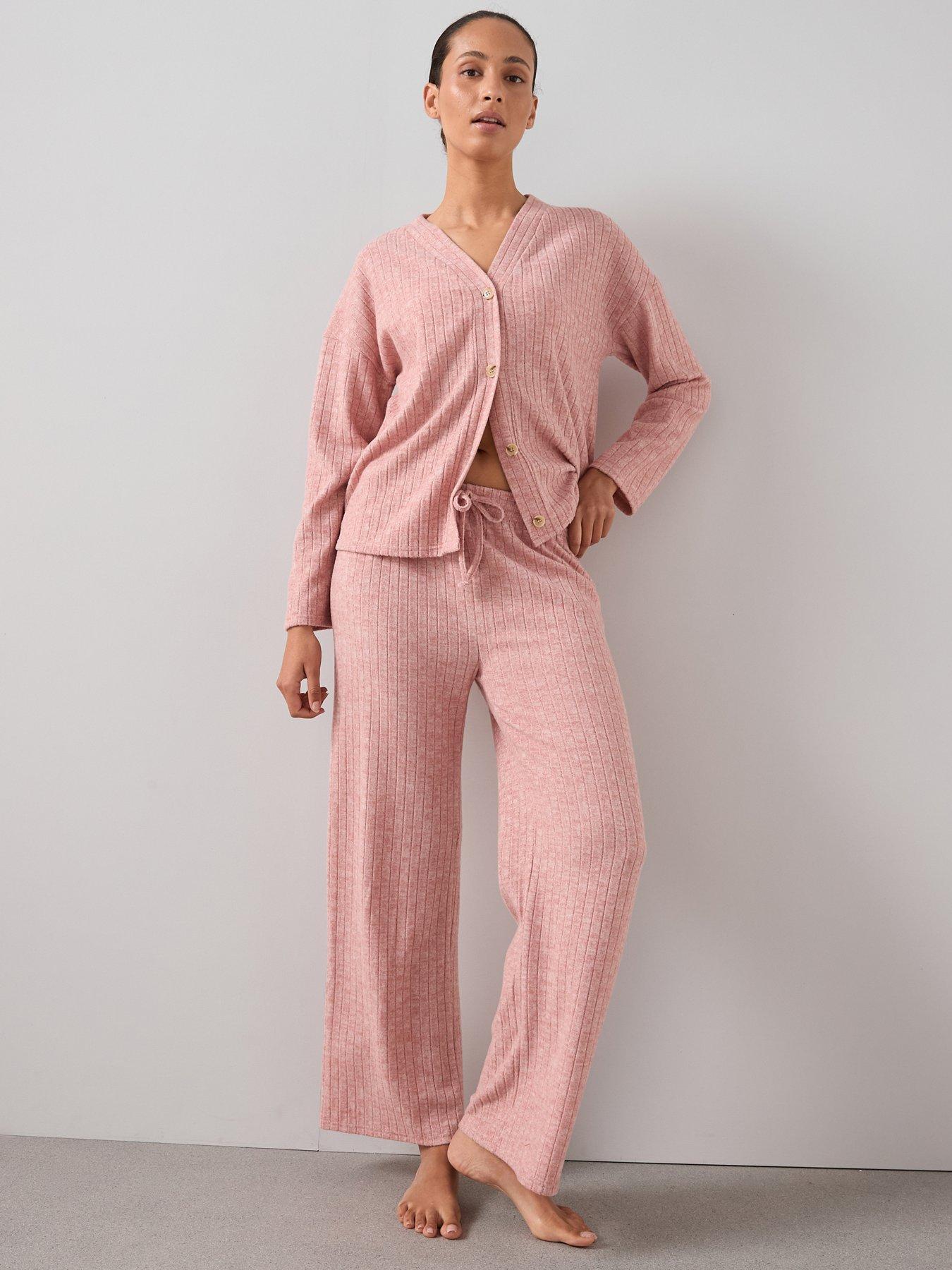 Image 1 of 6 of The Very Collection Soft Touch Rib V Beck And Wide Leg Loungewear Set - Pink