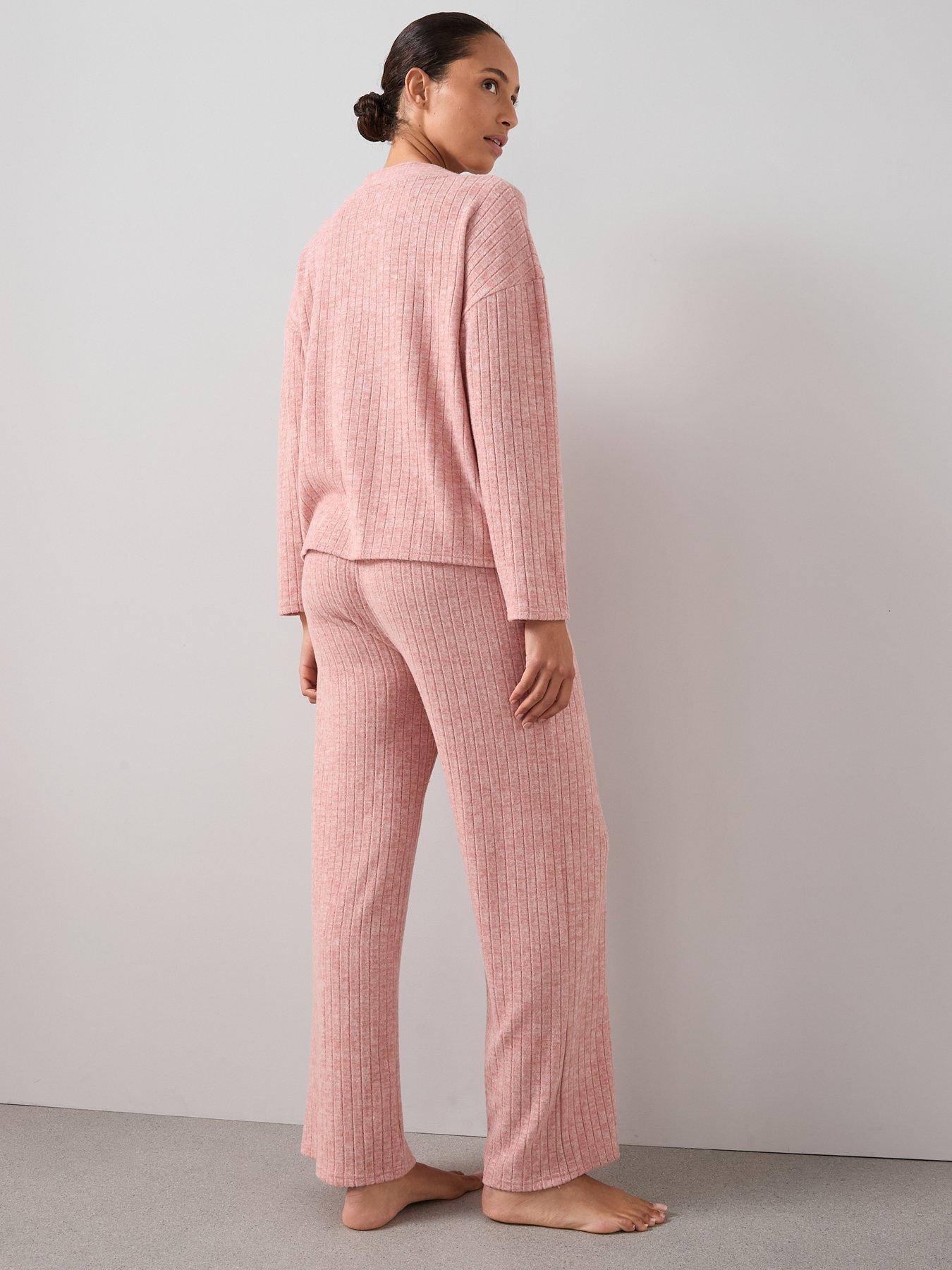 Image 2 of 6 of The Very Collection Soft Touch Rib V Beck And Wide Leg Loungewear Set - Pink