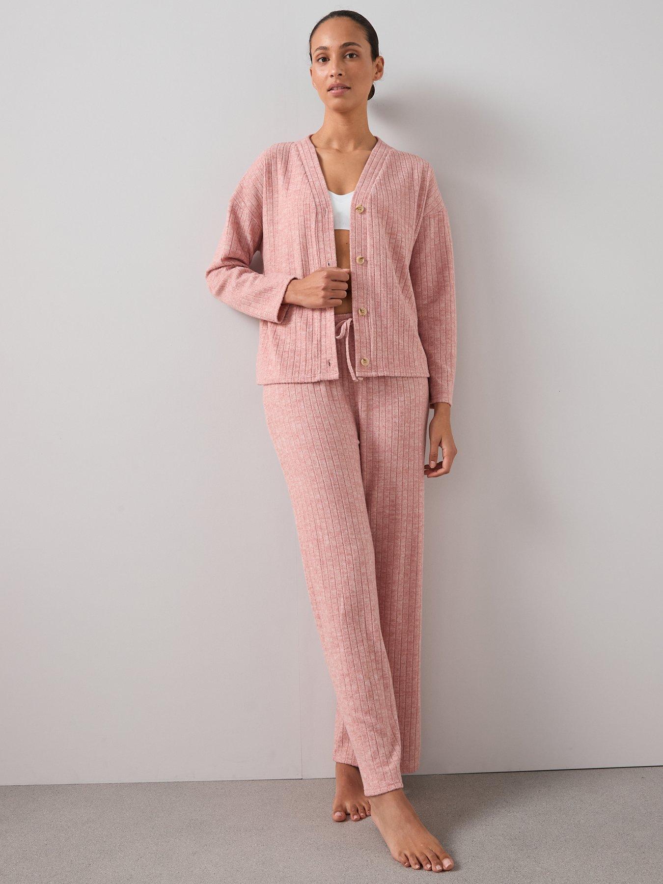 Image 3 of 6 of The Very Collection Soft Touch Rib V Beck And Wide Leg Loungewear Set - Pink
