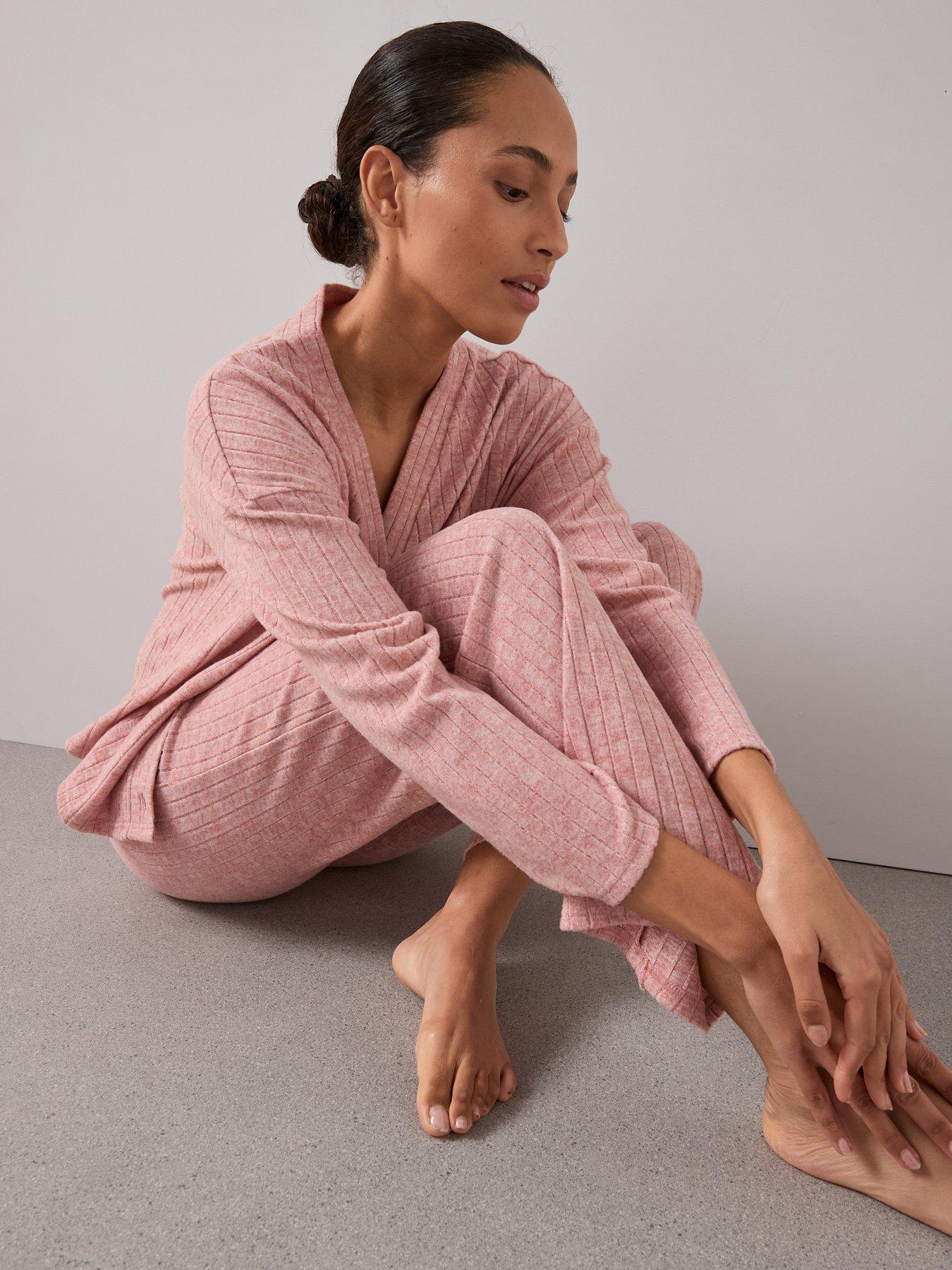 Image 6 of 6 of The Very Collection Soft Touch Rib V Beck And Wide Leg Loungewear Set - Pink