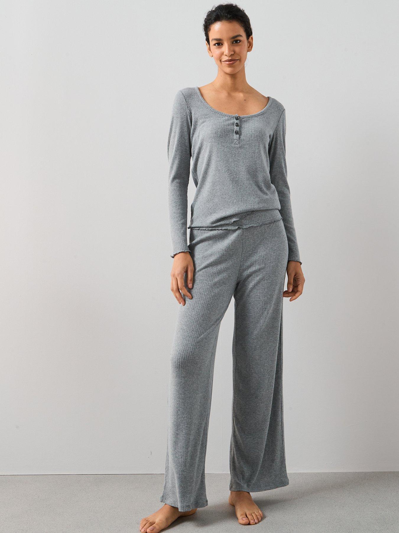 The Very Collection Soft Touch Rib Henley With Wide Leg Pyjama Set - Grey