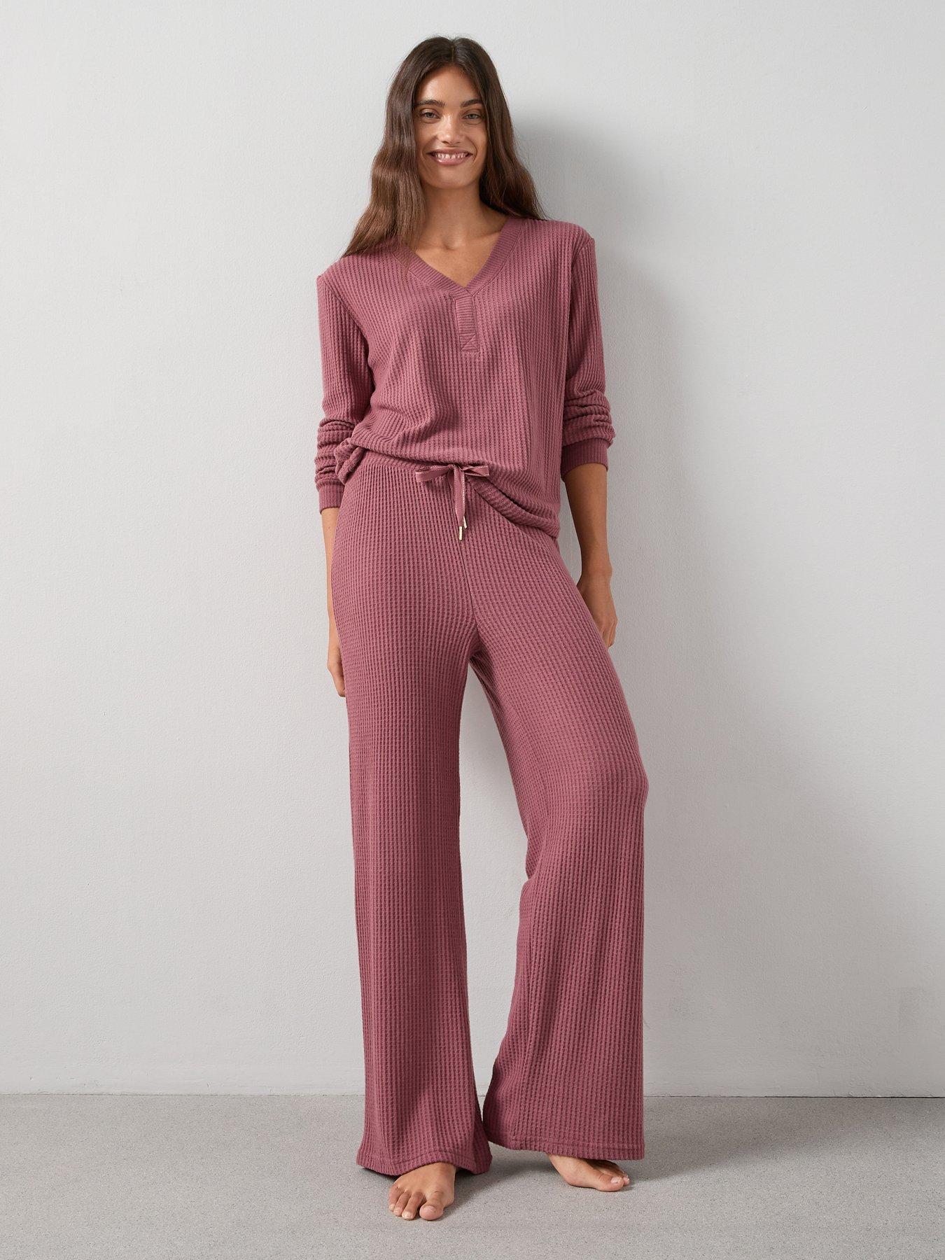 The Very Collection V Neck Long Sleeve Waffle Top with Wide Leg Loungewear Set - Red