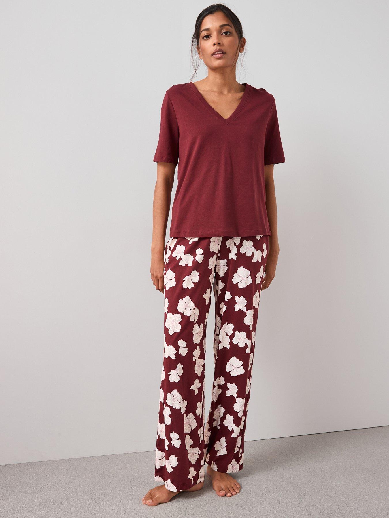 the-very-collection-v-neck-tshirt-with-floral-aop-wide-leg-pj-set-burgundy