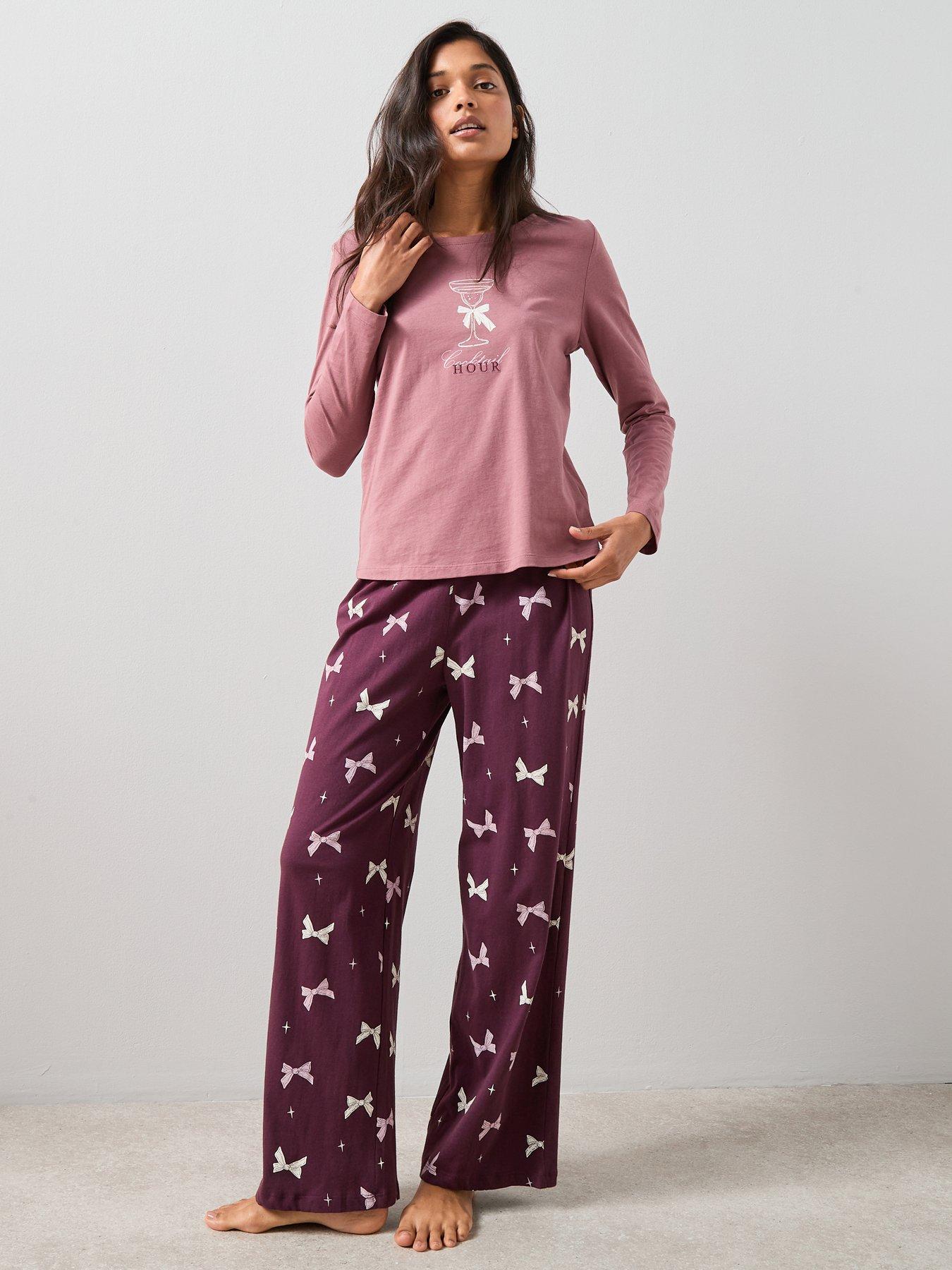 the-very-collection-long-sleeve-tshirt-cocktail-print-with-ribbon-wide-leg-pj-set-red