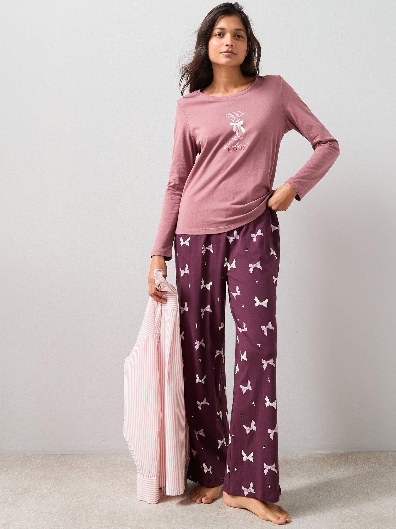 the-very-collection-long-sleeve-tshirt-cocktail-print-with-ribbon-wide-leg-pj-set-redback