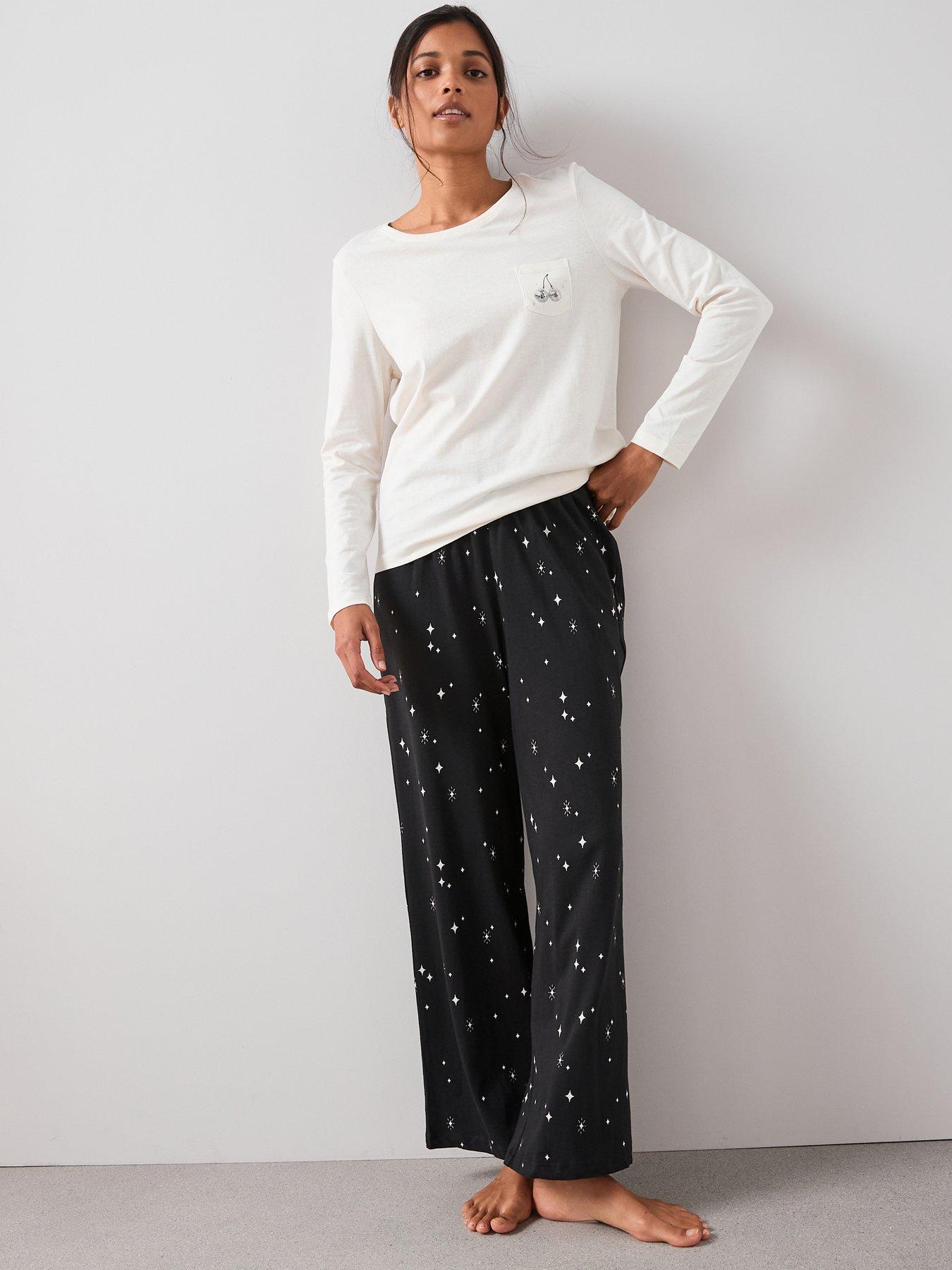 The Very Collection Long Sleeve Tshirt Disco Ball Pocket Detail With Wide Leg Pj Set - White