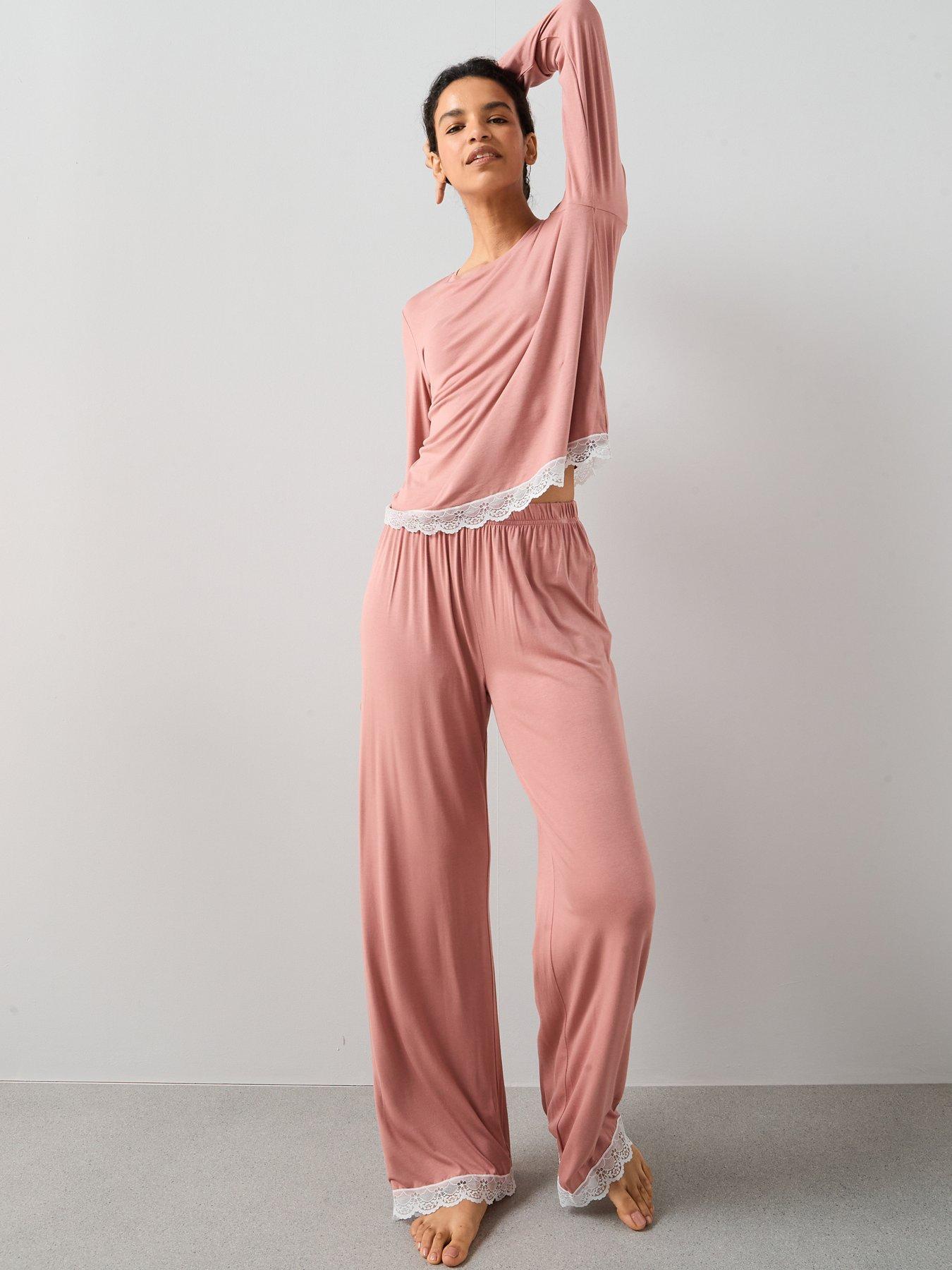 The Very Collection Lace Trim Long Sleeve And Wide Leg Pyjama Set - Pink