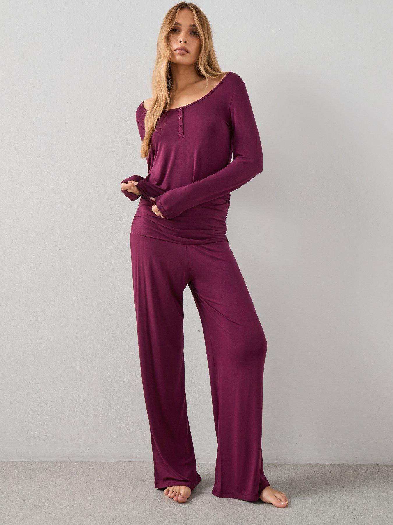 The Very Collection Henley Top And Turn Up Waistband Wide Leg Pyjama Set - Purple