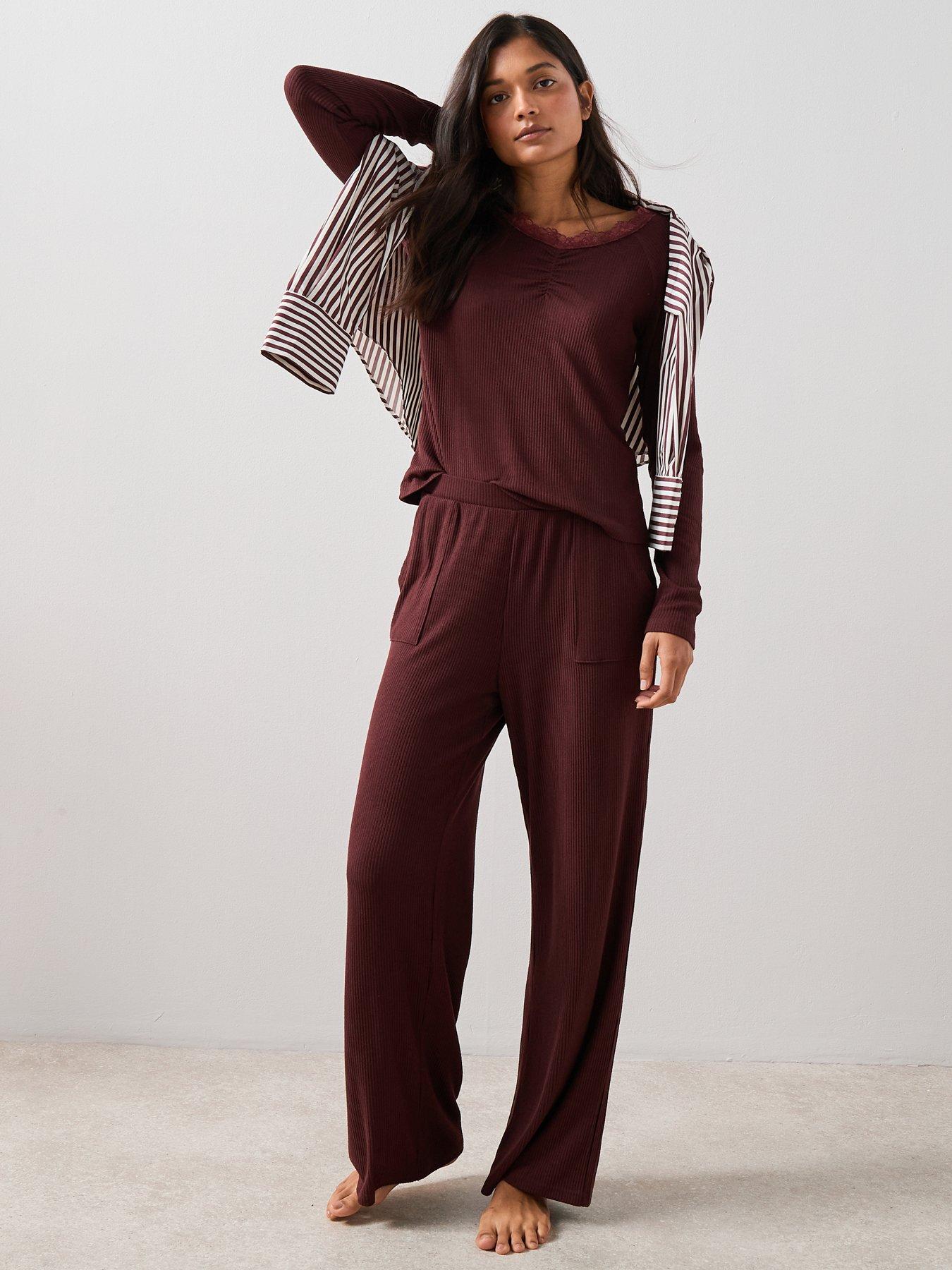 The Very Collection Lace Trim Soft Touch Henley And Wide Leg Trouser Pj Set - Burgundy