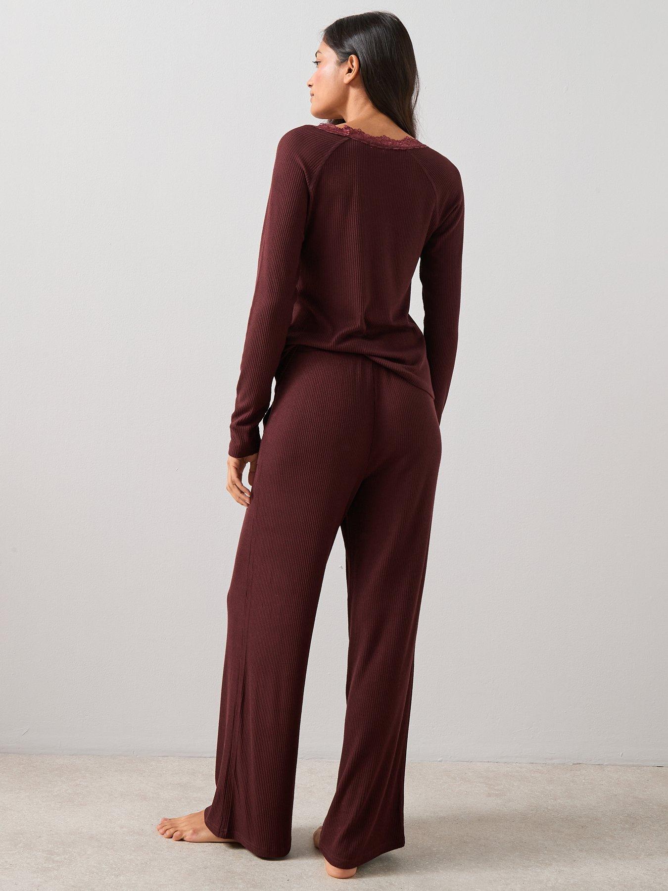 the-very-collection-lace-trim-soft-touch-henley-and-wide-leg-trouser-pj-set-burgundystillFront
