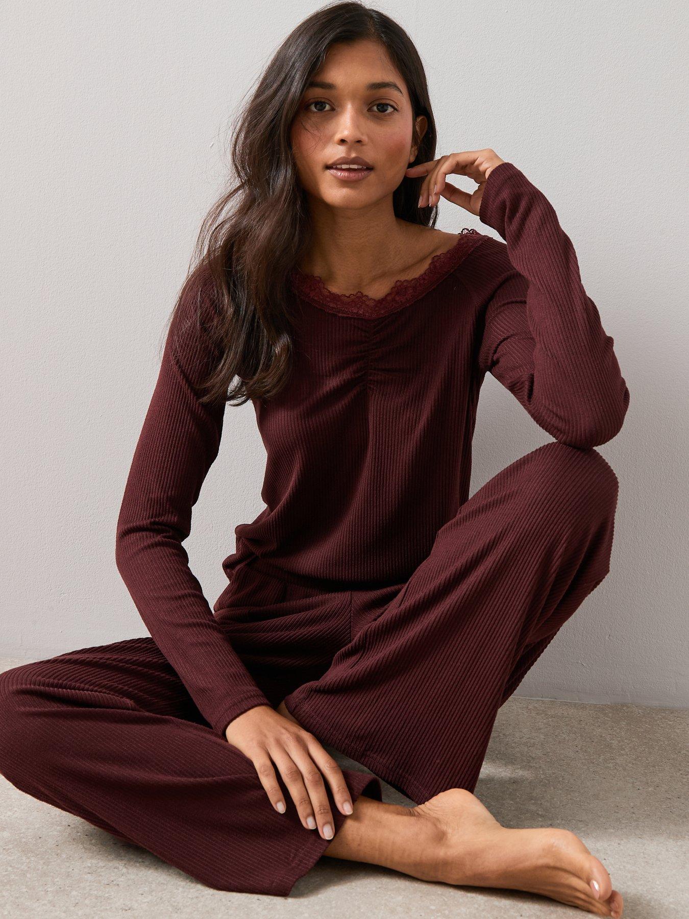 the-very-collection-lace-trim-soft-touch-henley-and-wide-leg-trouser-pj-set-burgundyoutfit