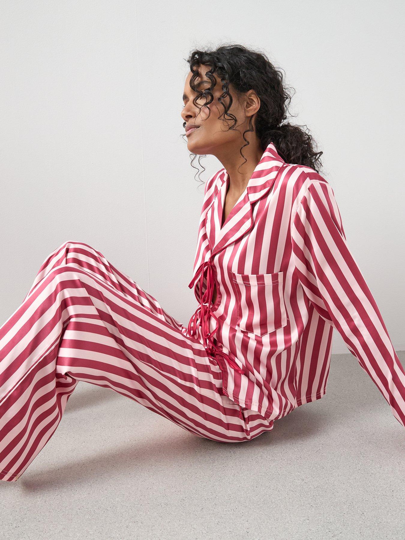 Image 5 of 6 of The Very Collection Stripe Satin Tie Front Shirt And Wide Leg Pyjama Set - Pink