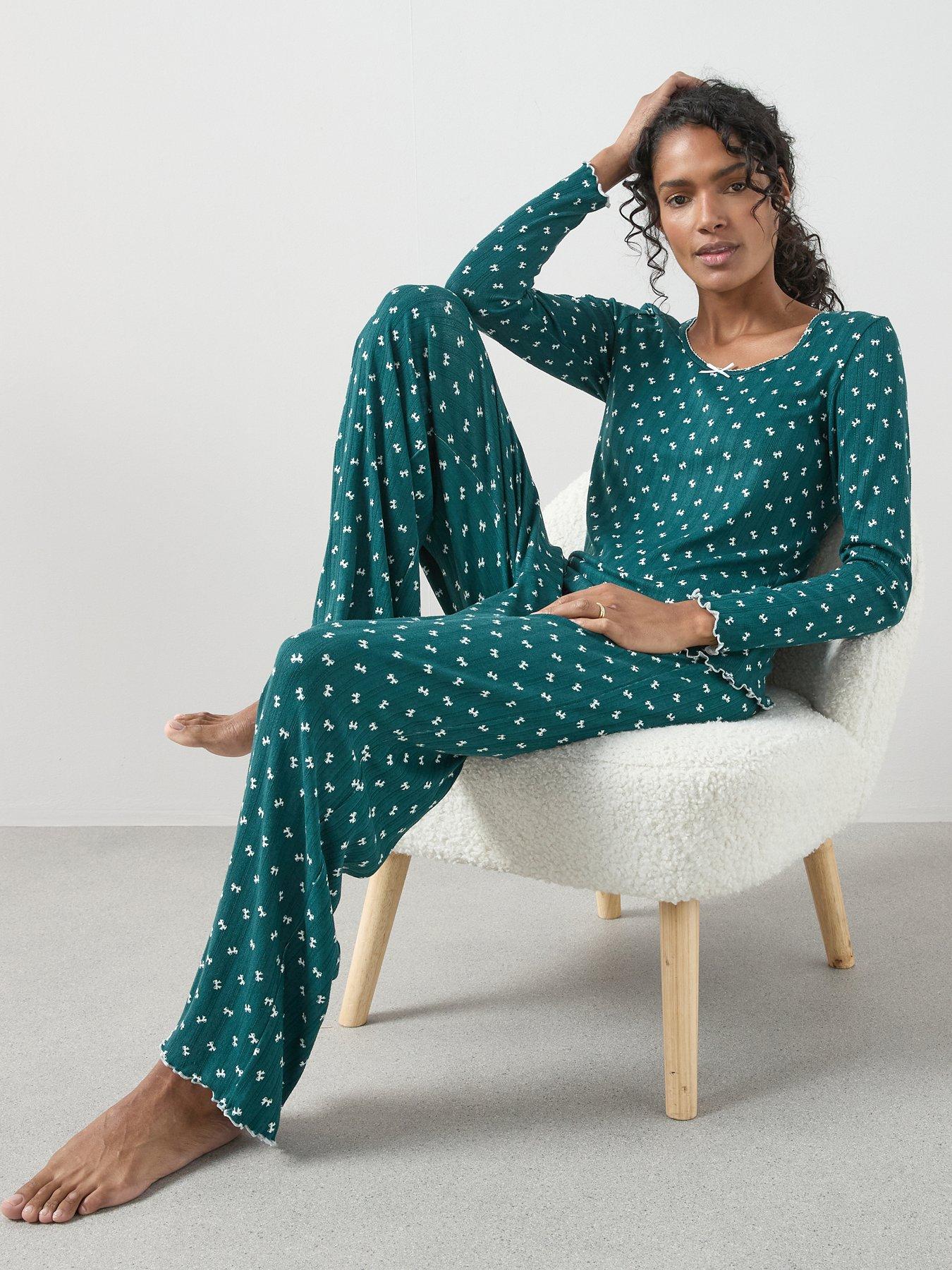 the-very-collection-soft-touch-pointelle-ribbon-print-henley-and-wide-leg-pj-set-greenfront