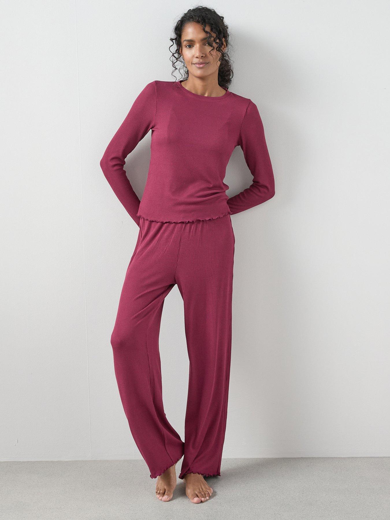 The Very Collection Lettuce Hem Ribbed Long Sleeve Top And Wide Leg Trouser Pj Set - Red