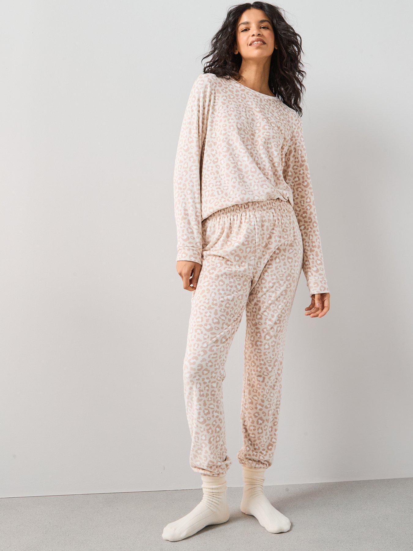 The Very Collection Leopard Print Ribbed Jogger Loungewear Set - Cream