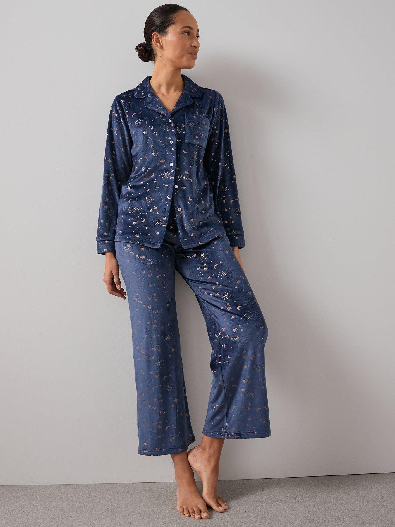 Image 1 of 6 of The Very Collection Crystal Print Fleece Revere Pj Set - Navy