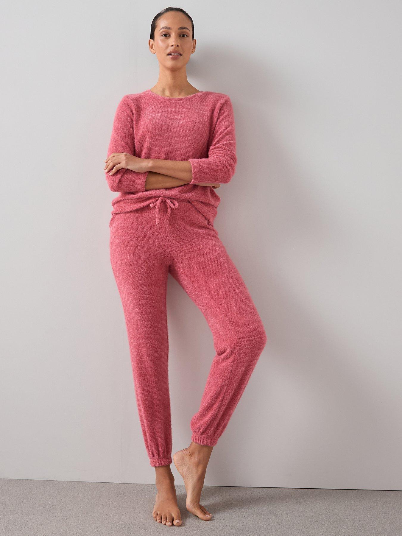 Image 1 of 7 of The Very Collection Feather Knit Long Sleeve Top And Jogger Pyjama Set - Pink