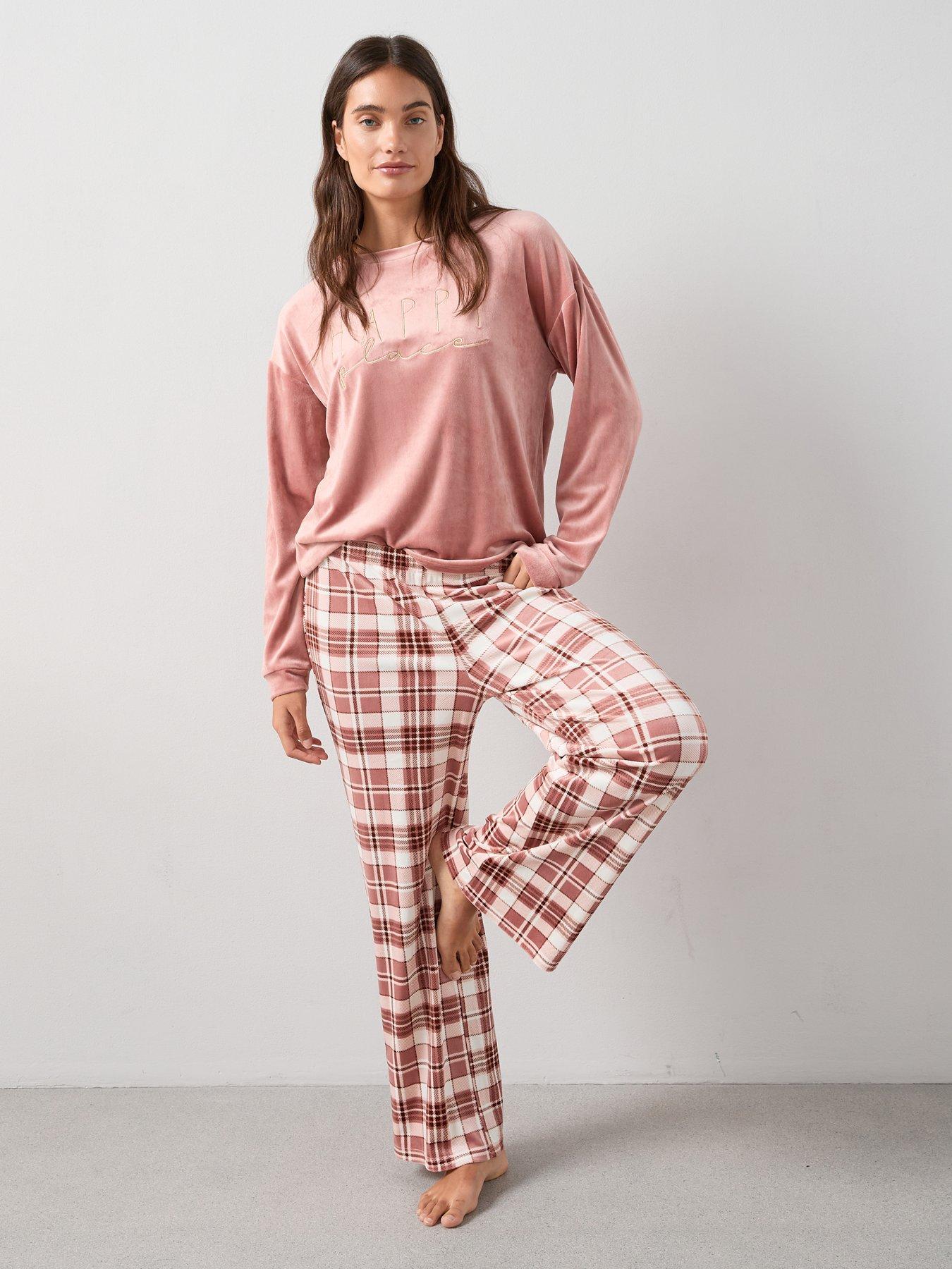 The Very Collection Slogan Sweat and Baby Fleece Check Bottom PJ Set - Pink