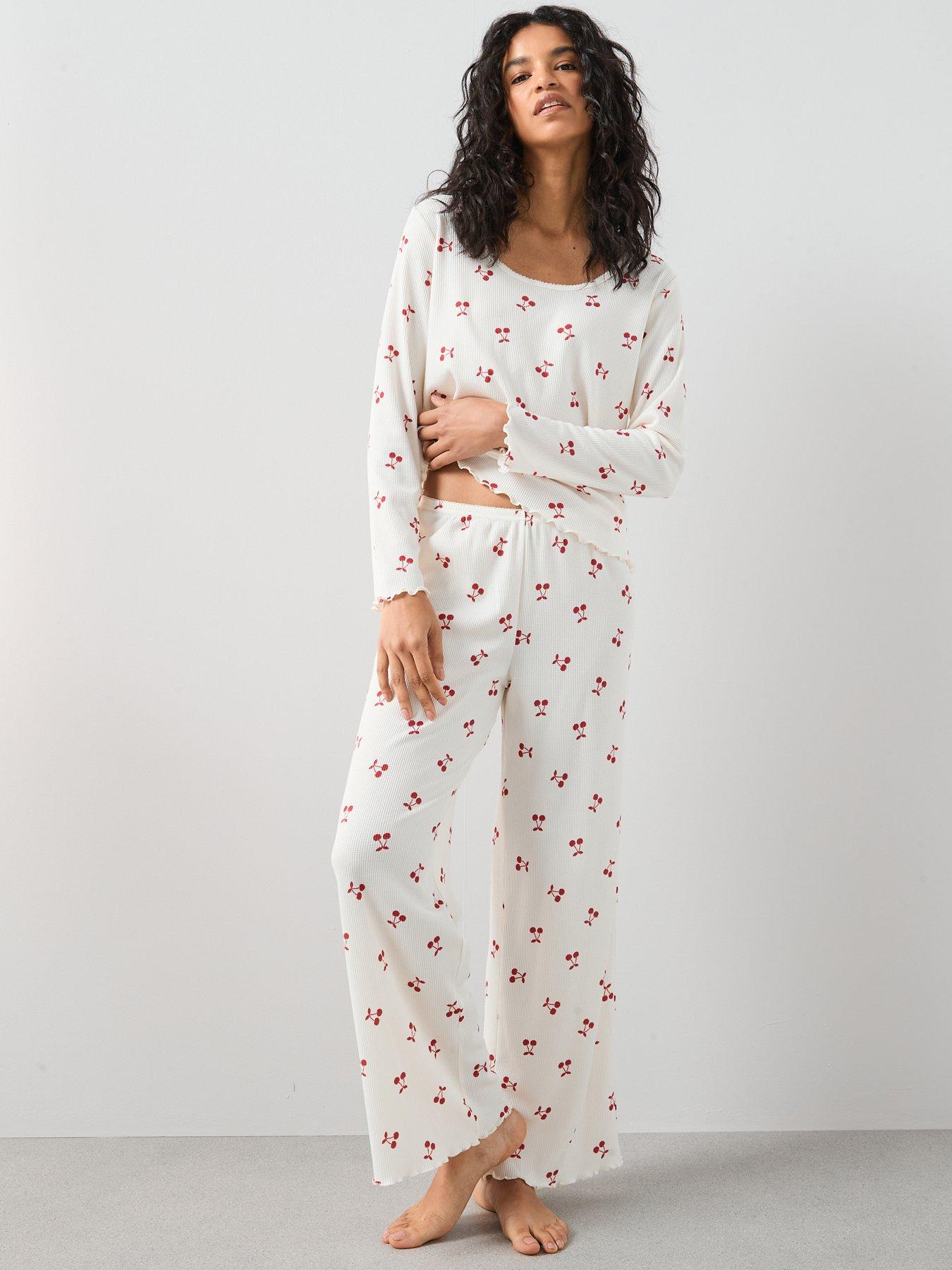 The Very Collection Pointelle Cherry Henley And Wide Leg Trouser - White