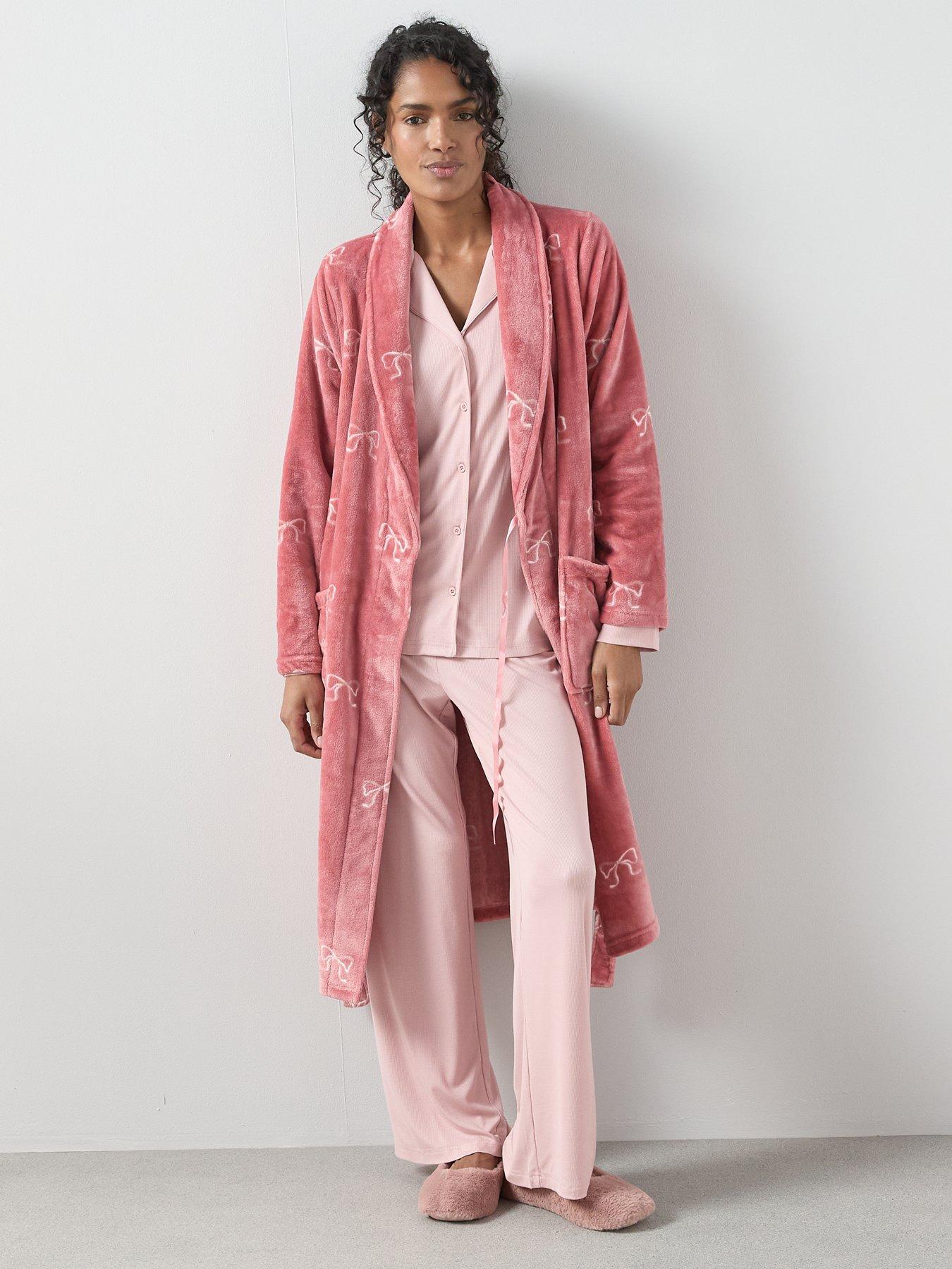 Image 3 of 6 of The Very Collection Bow Print Shawl Collar Dressing Gown - Pink