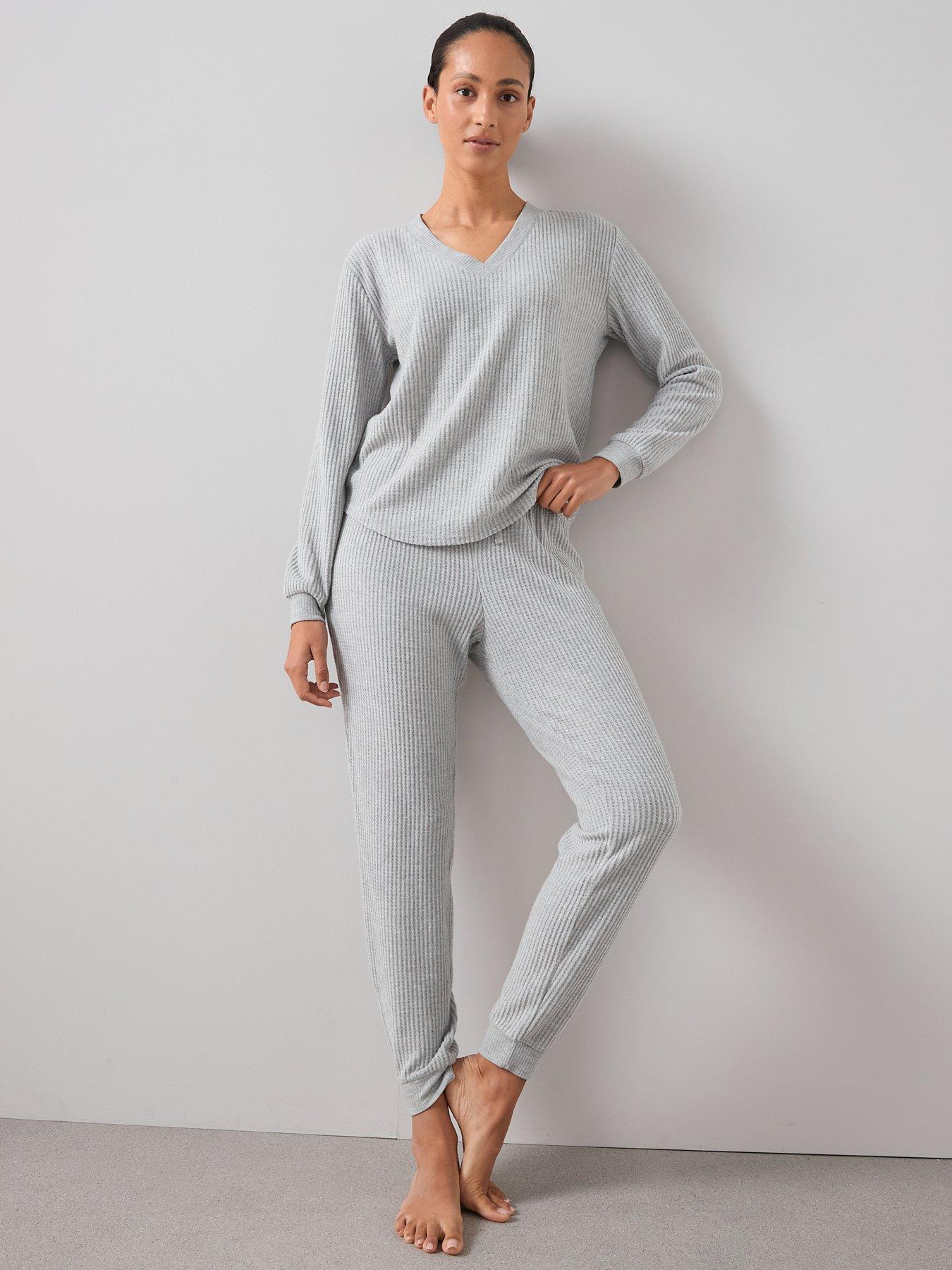 Image 1 of 6 of The Very Collection Sparkle V Neck Long Sleeve Top And Wide Leg Jogger PJ Set - Grey