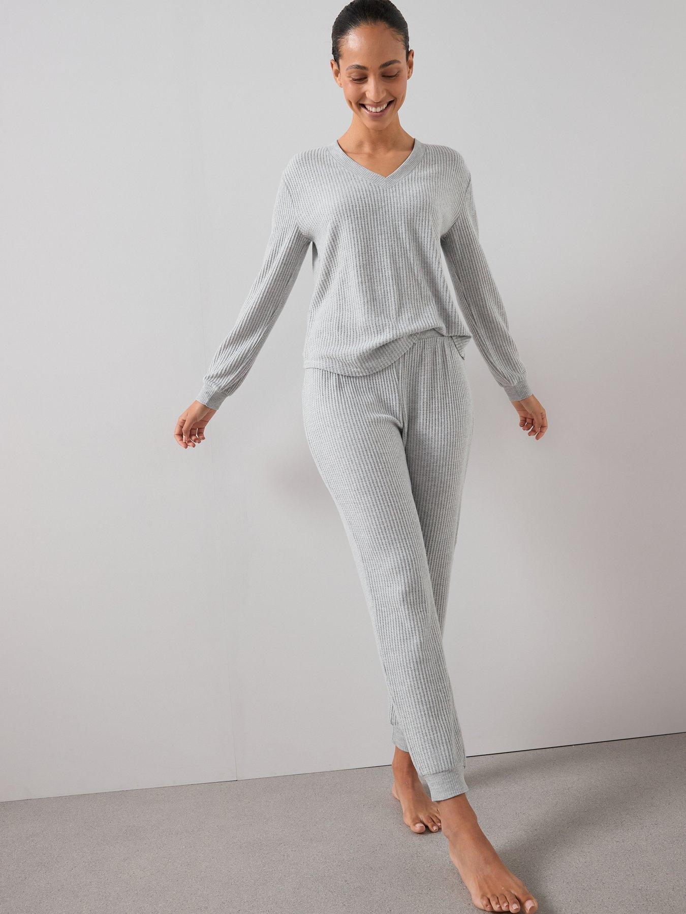 Image 3 of 6 of The Very Collection Sparkle V Neck Long Sleeve Top And Wide Leg Jogger PJ Set - Grey