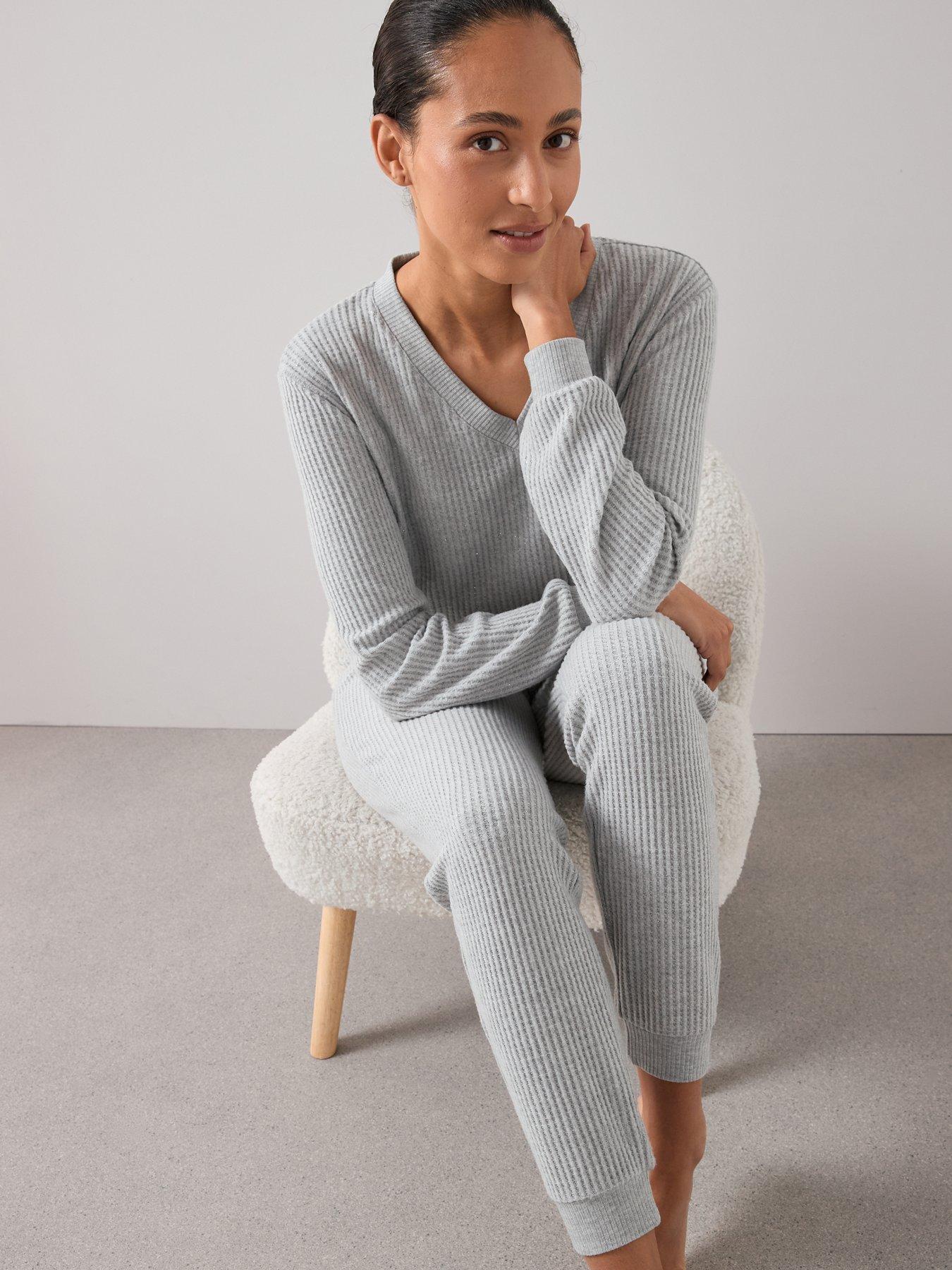 Image 6 of 6 of The Very Collection Sparkle V Neck Long Sleeve Top And Wide Leg Jogger PJ Set - Grey