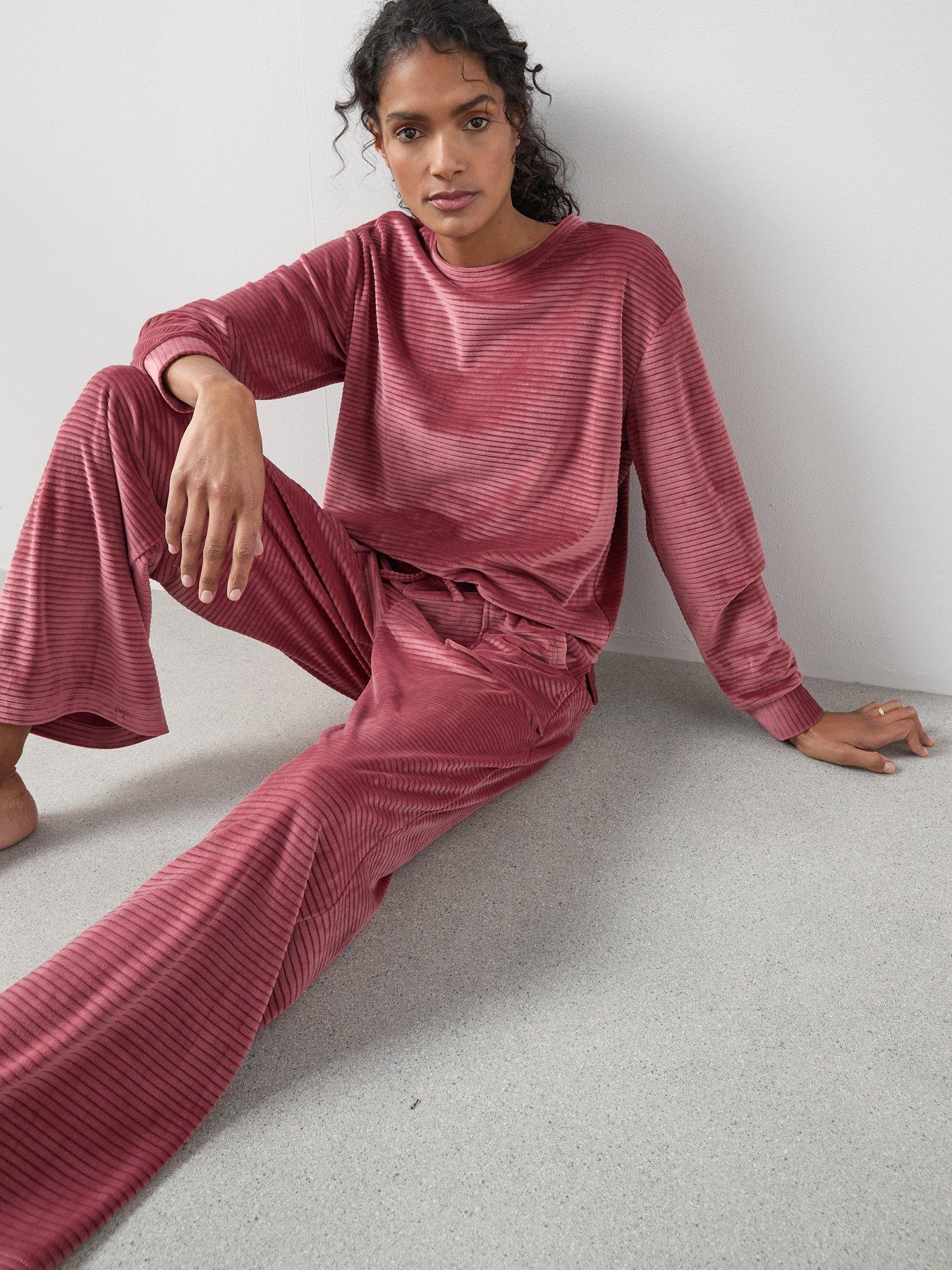 the-very-collection-velour-long-sleeve-striped-pyjama-set-pink