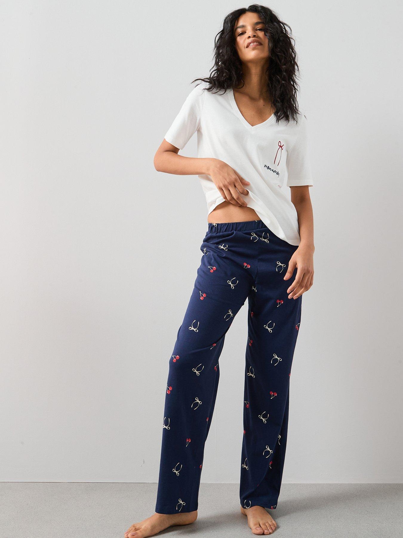 the-very-collection-v-neck-tshirt-bow-wide-leg-pj-set-navyfront