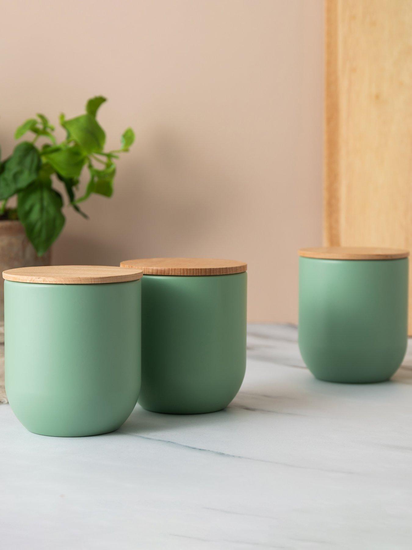 undefined Idilica Set of 3 Green Storage Jars with Beechwood Lids