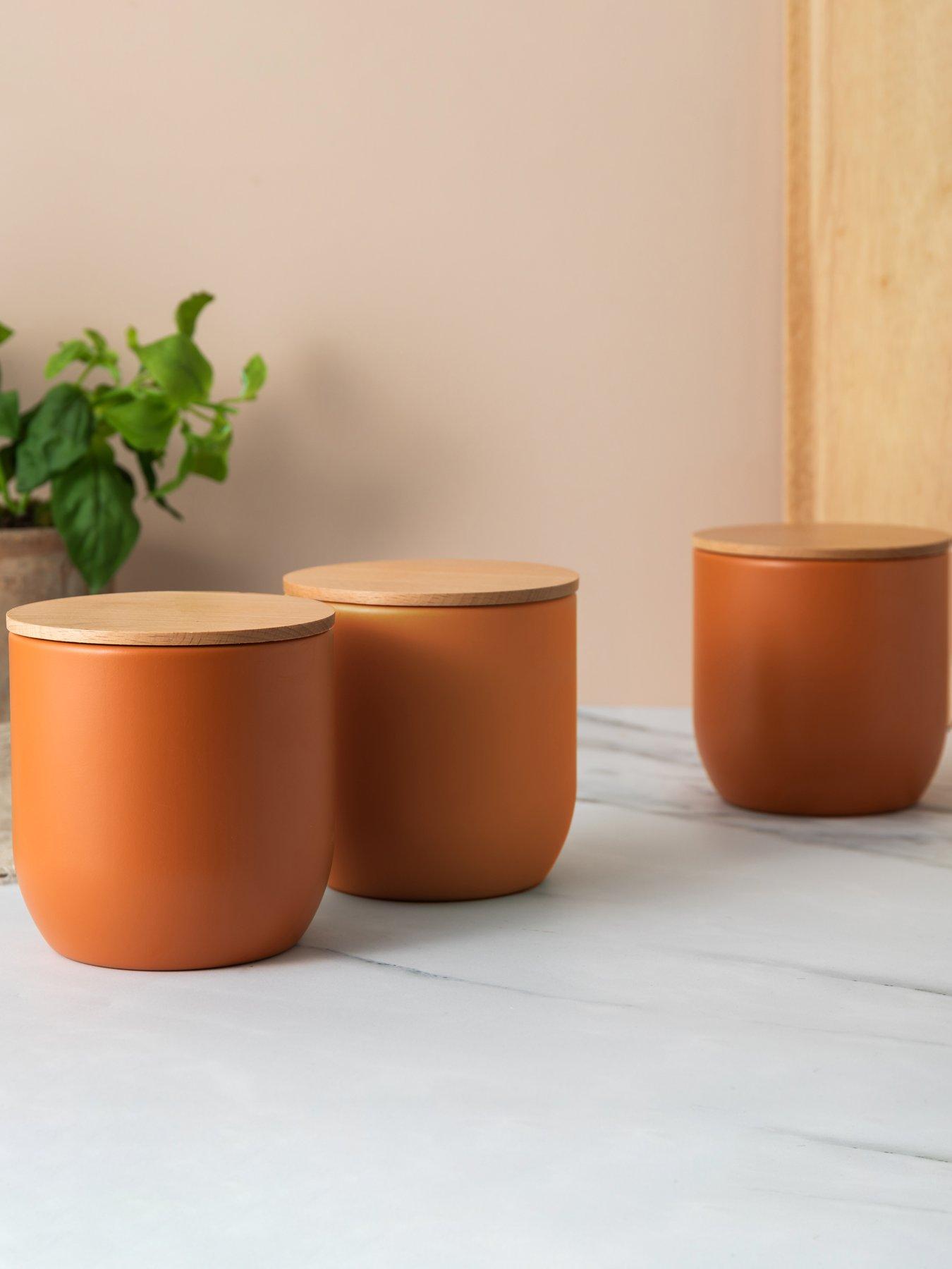 undefined Idilica Set of 3 Orange Storage Jars with Beechwood Lids