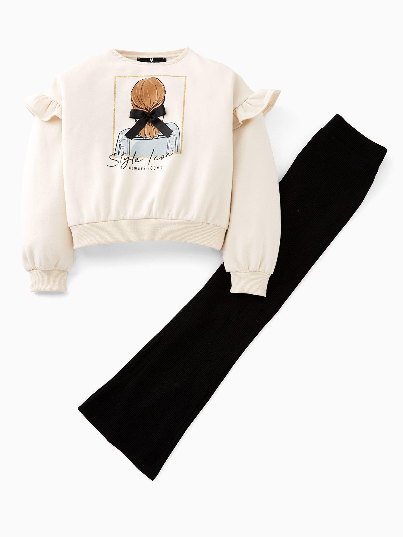V by Very Girls Sweat Applique Detail With Flare Leggings - Cream