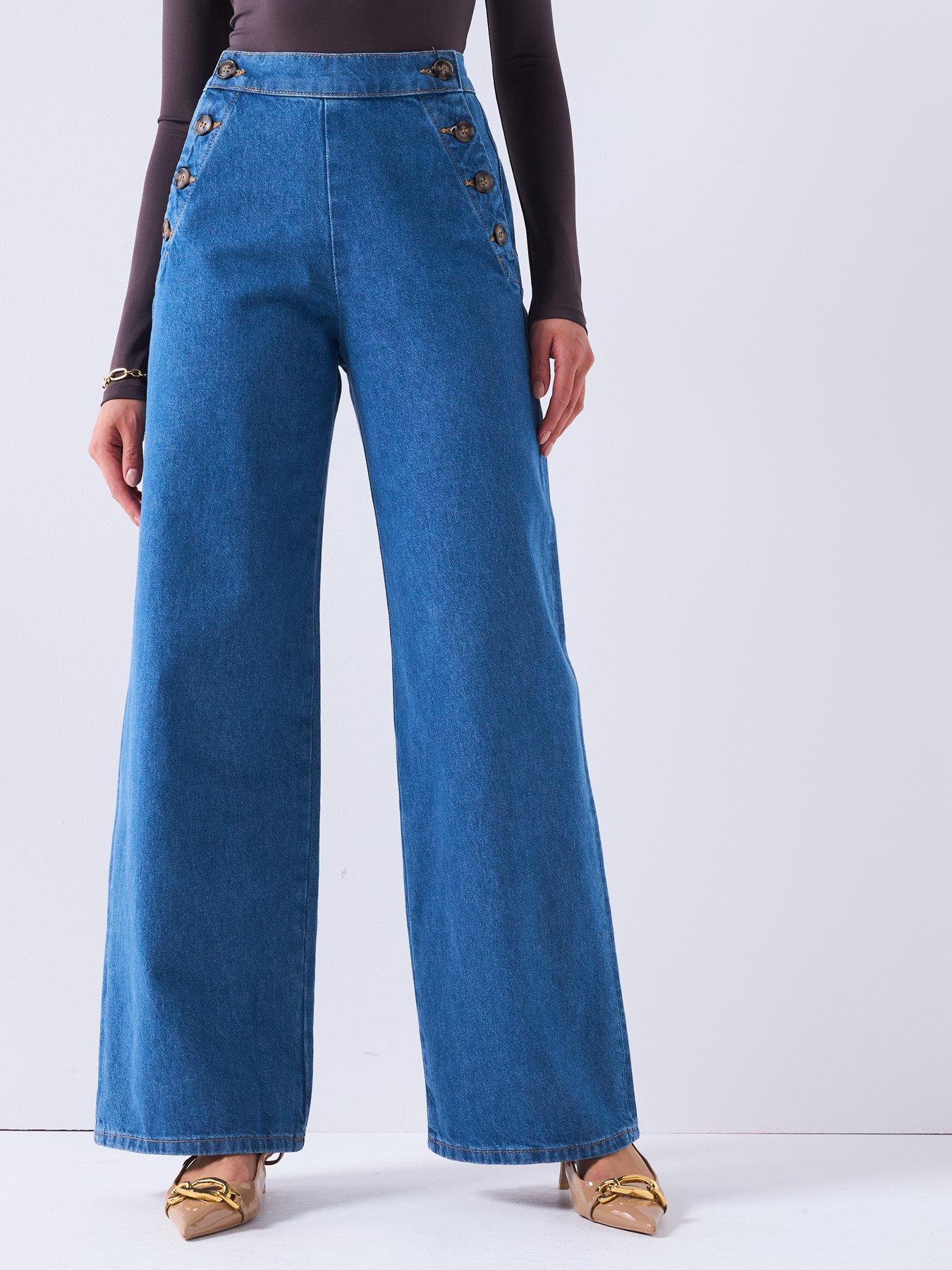 Image of V by Very Button Fastening Wide Leg Jeans - Mid Wash