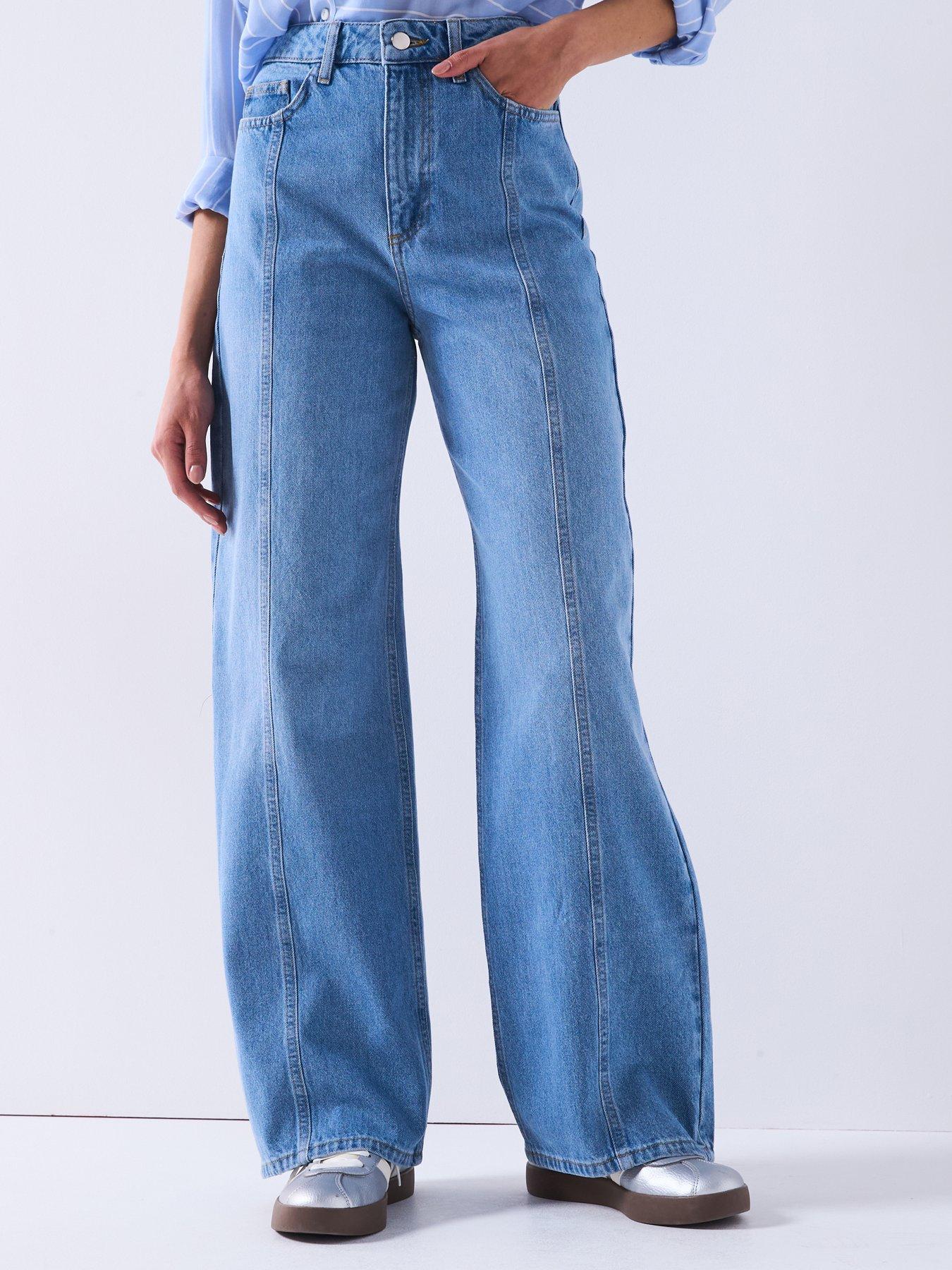 V by Very Seam Front Wide Leg Jeans - Mid Wash