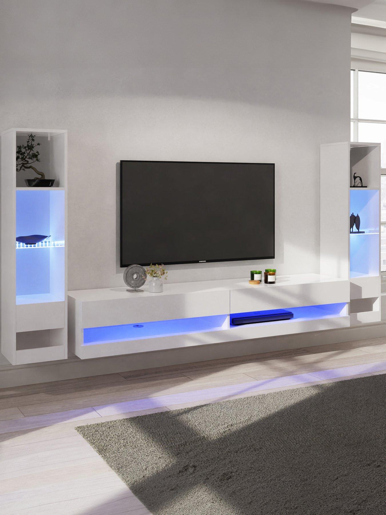 GFW Galicia 180 cm TV Unit + 2 Shelf Units with LED Lights - fits up to 80 inch TV - White