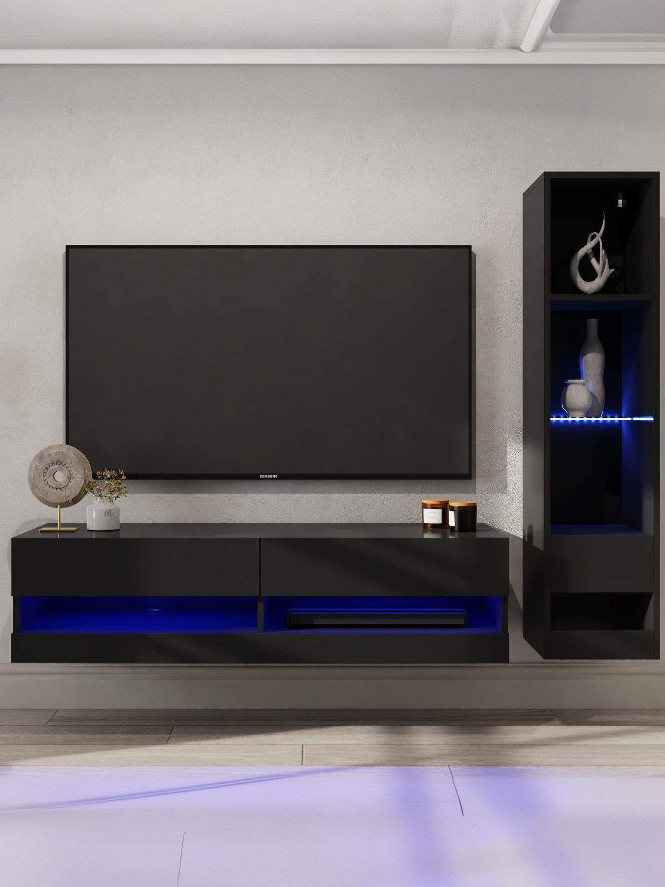 GFW Galicia 120 cm TV Unit + Shelf Unit with LED Lights - fits up to 55 inch TV - Black