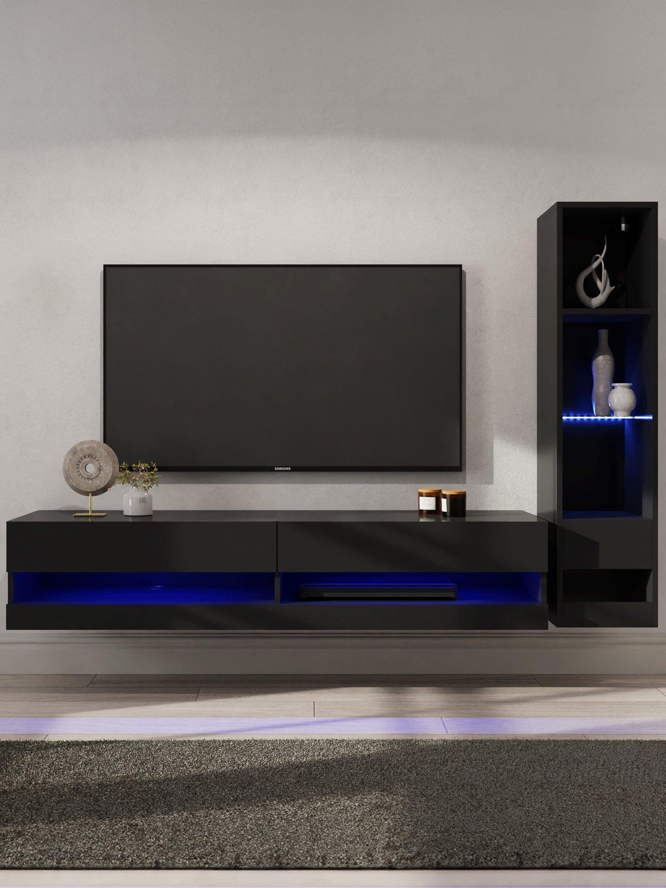 GFW Galicia 150 cm TV Unit + Shelf Unit with LED Lights - fits up to 65 inch TV - Black