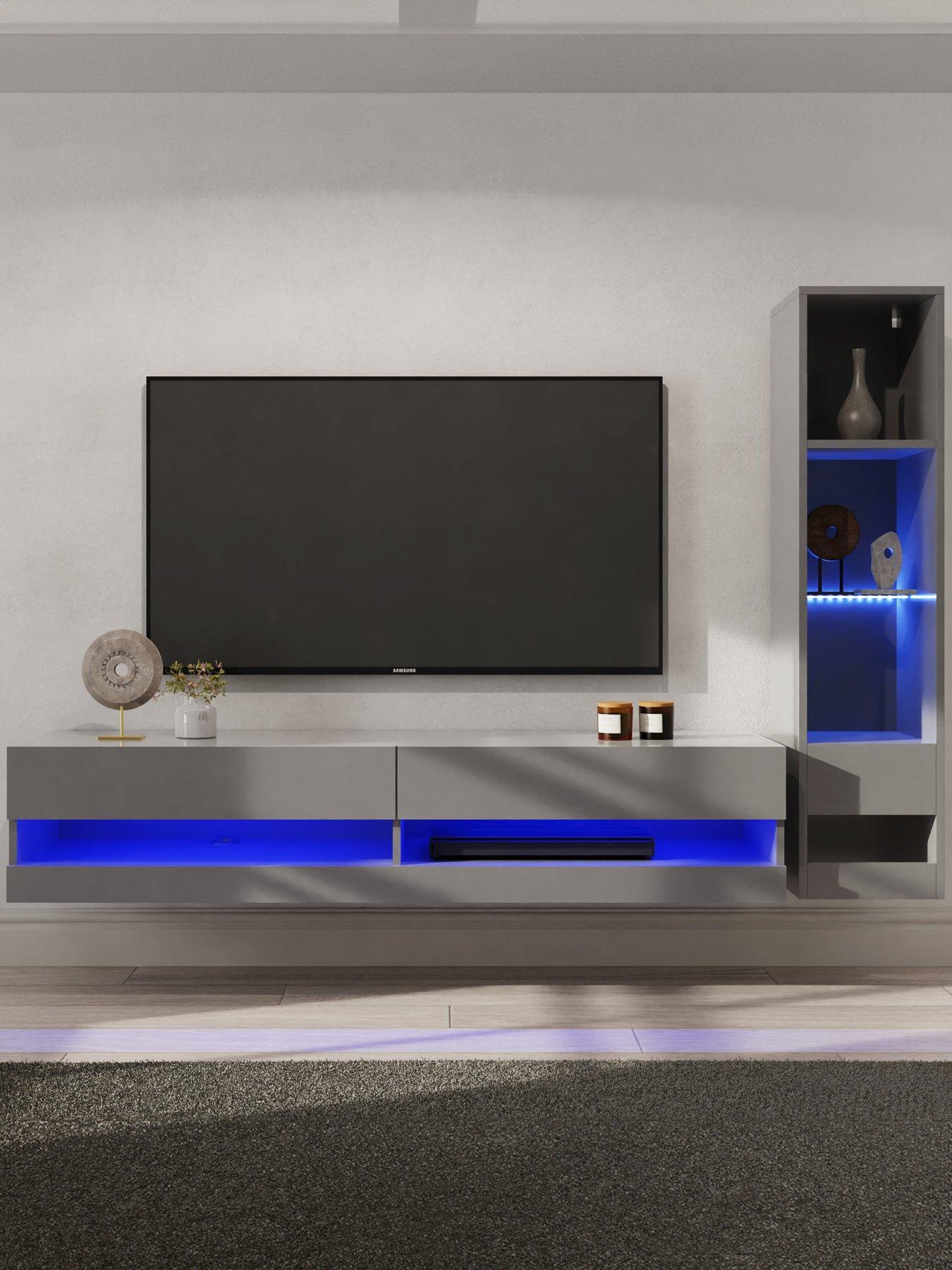 GFW Galicia 150 cm TV Unit + Shelf Unit with LED Lights - fits up to 65 inch TV - Grey