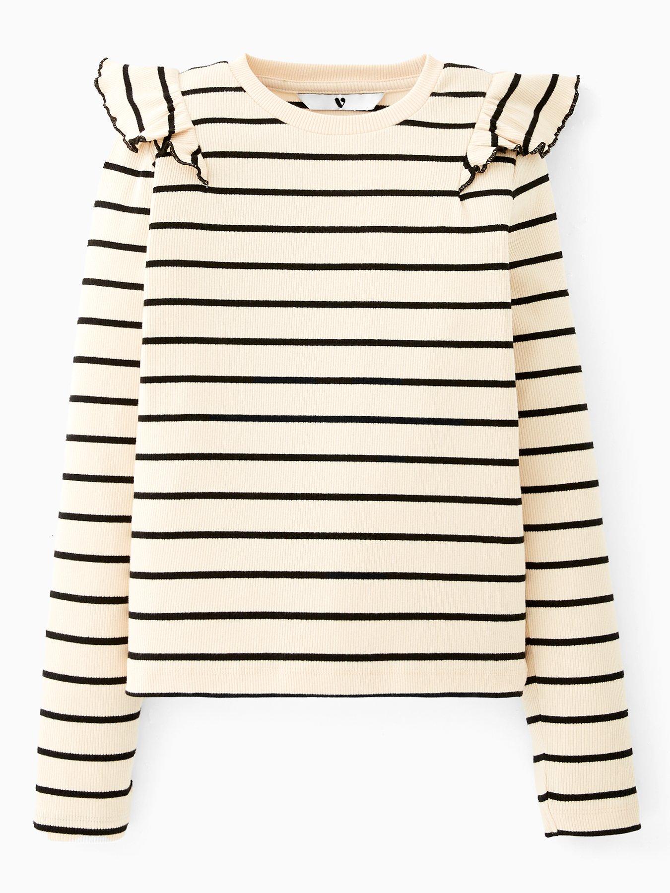 V by Very Girls Rib Frill Should Contrast Tipping Long Sleeve Top - Stripe