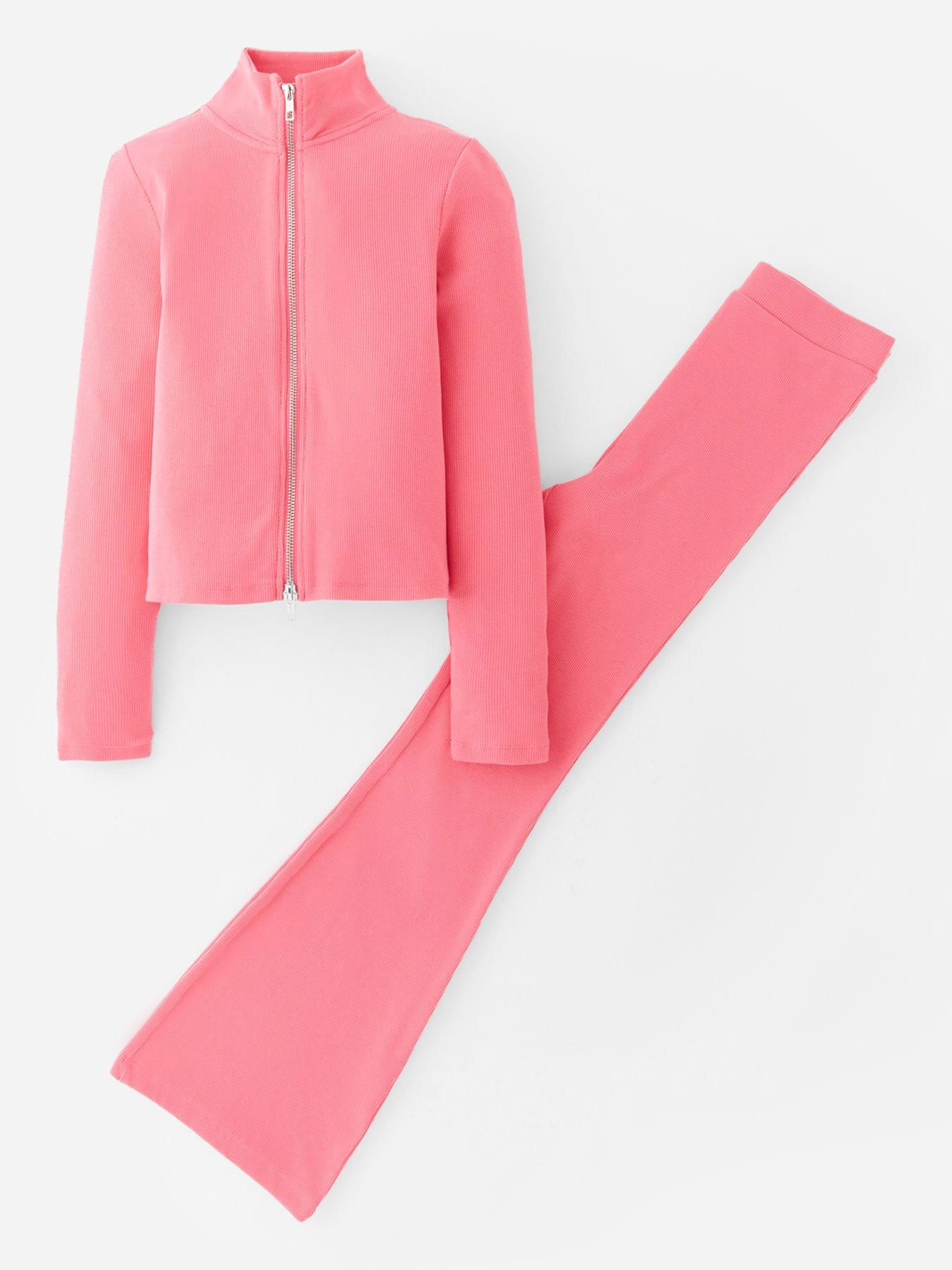 V by Very Girls Zip Up Rib Long Sleeve Top And Flare Leggings Set - Pink