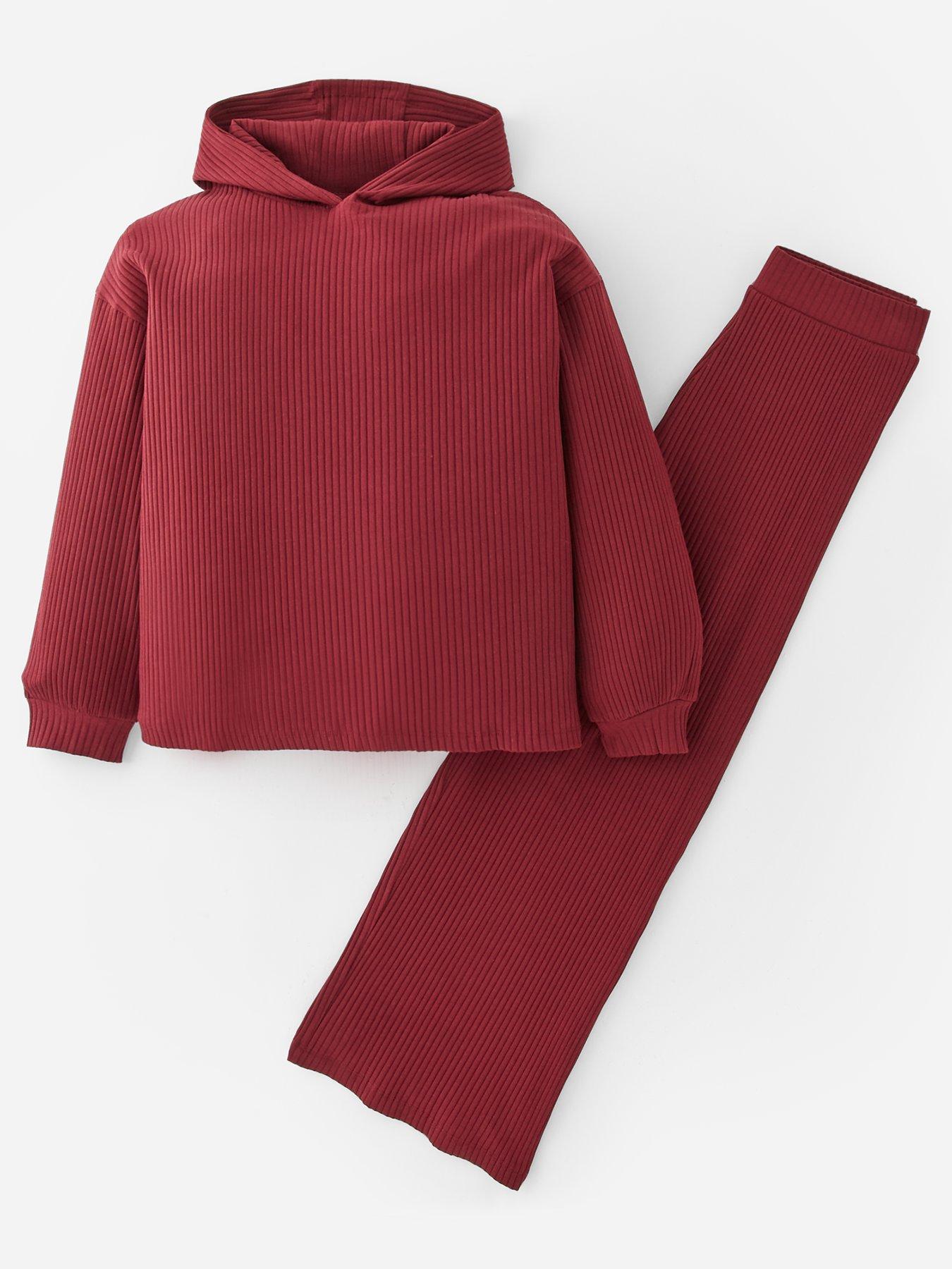 Image 1 of 4 of V by Very Girls Rib Hoody With Wide Leg Trouser Set - Burgundy