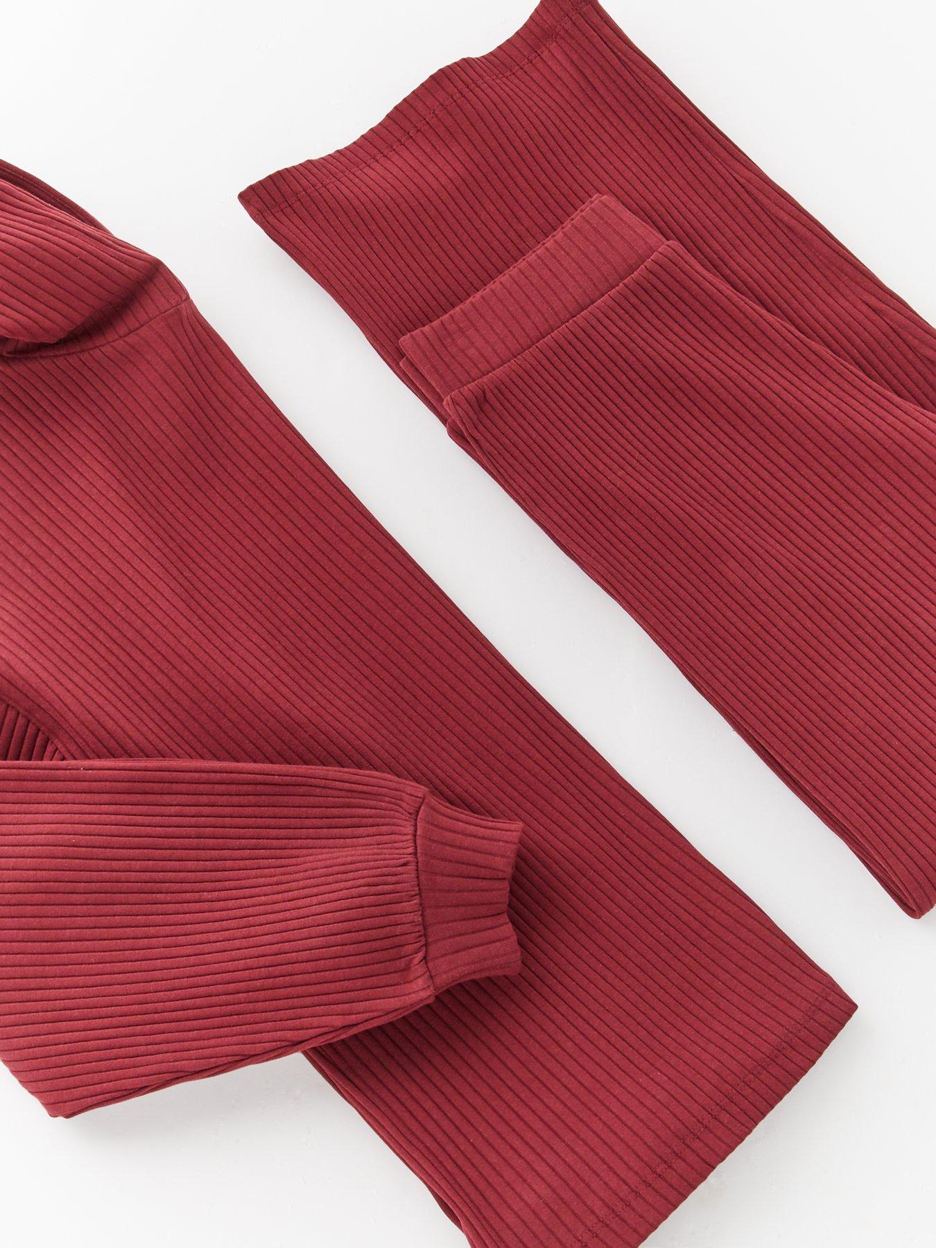 Image 3 of 4 of V by Very Girls Rib Hoody With Wide Leg Trouser Set - Burgundy